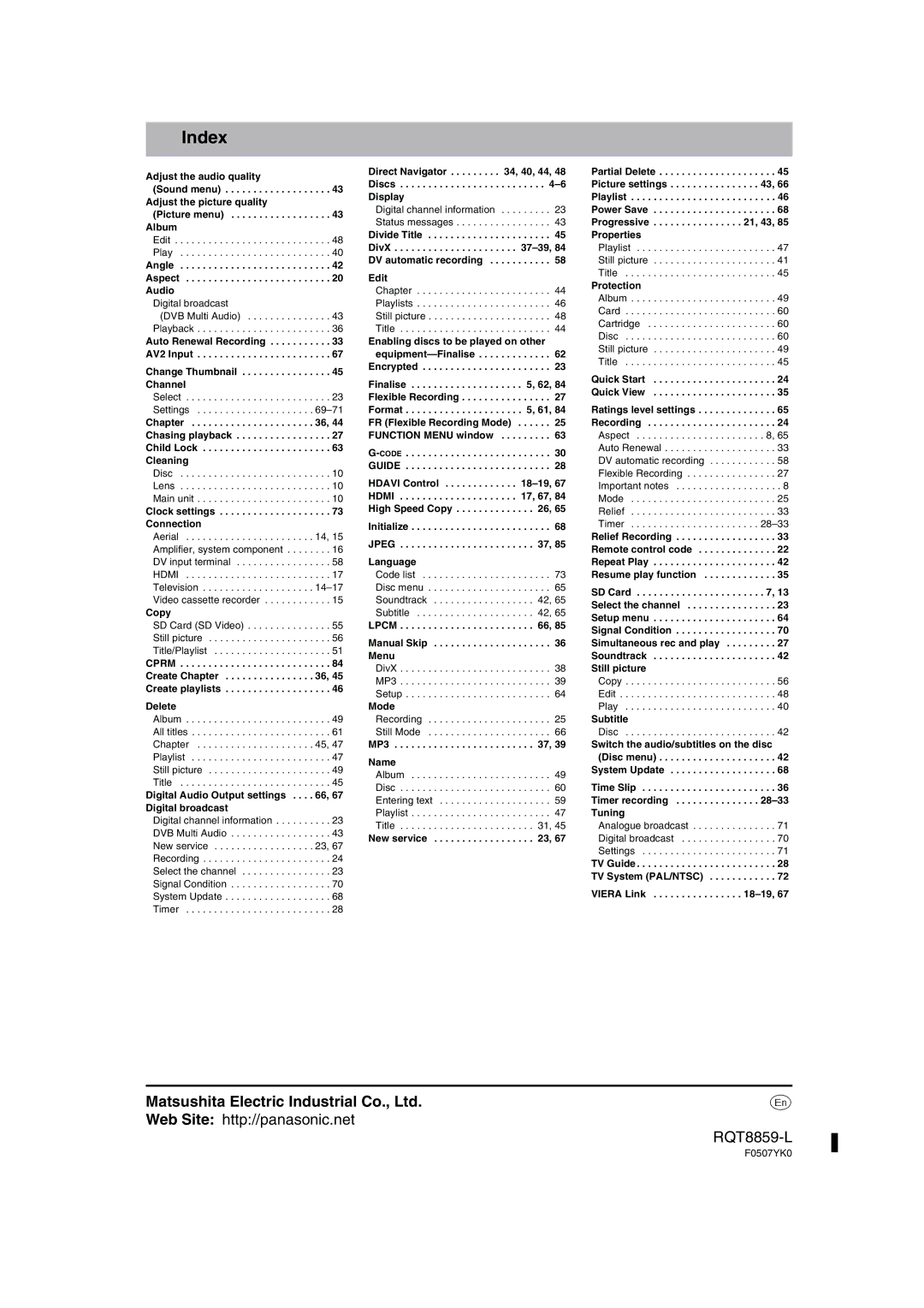 Panasonic DMR-EX77, DMR-EX87 operating instructions Index, Web Site http//panasonic.net RQT8859-L 