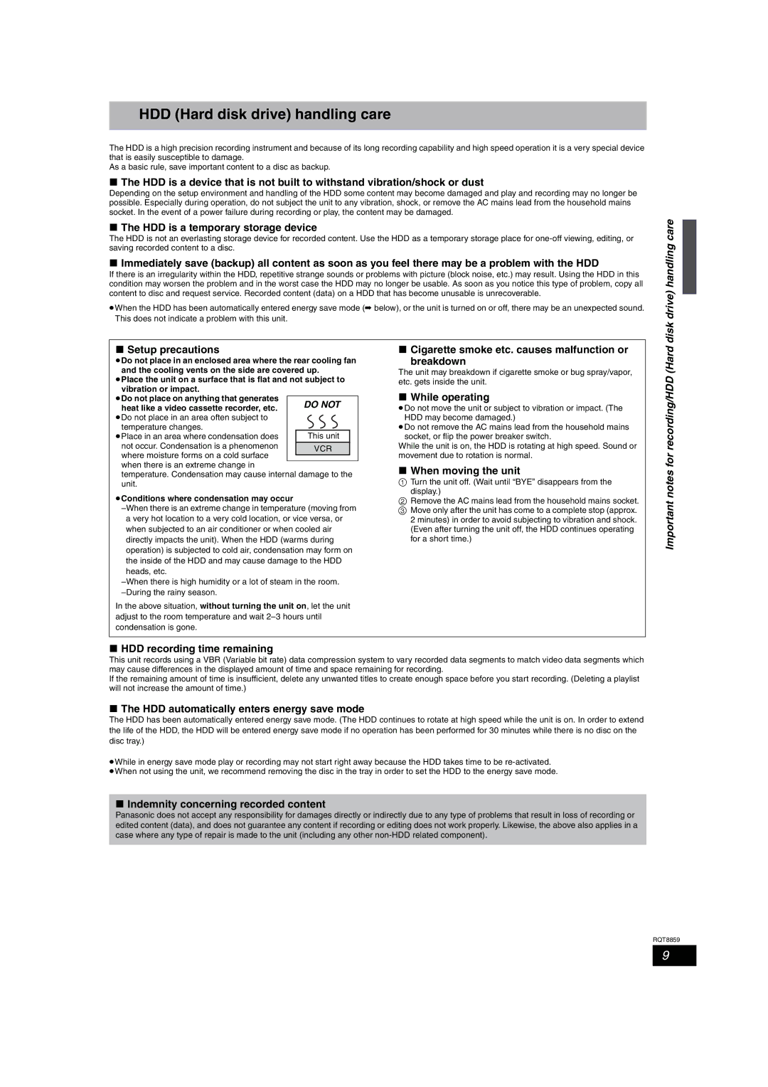 Panasonic DMR-EX87 HDD Hard disk drive handling care, Disk drive handling care, Important notes for recording/HDD Hard 