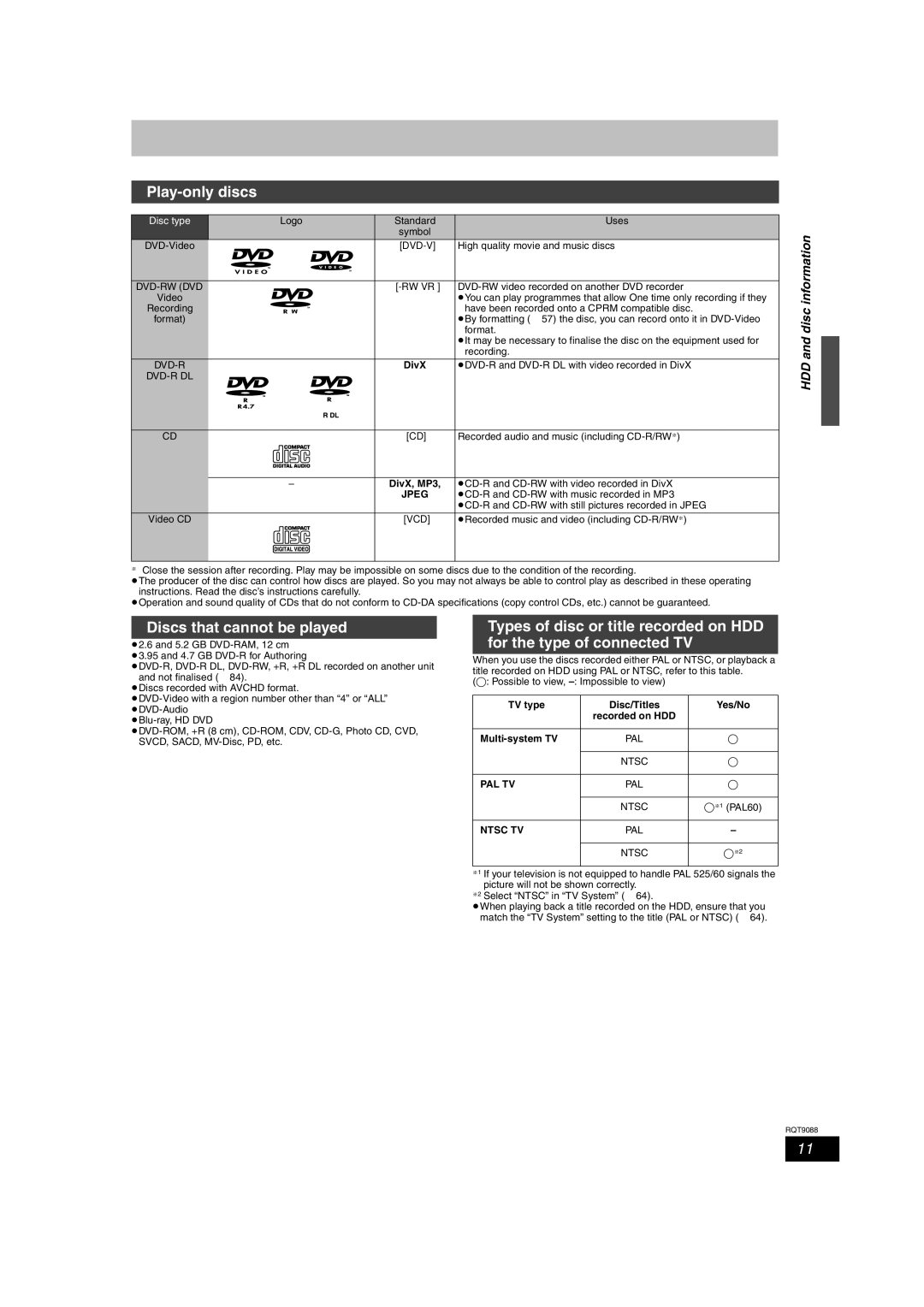 Panasonic DMR-EX78 quick start Play-only discs, Discs that cannot be played, HDD and disc information 