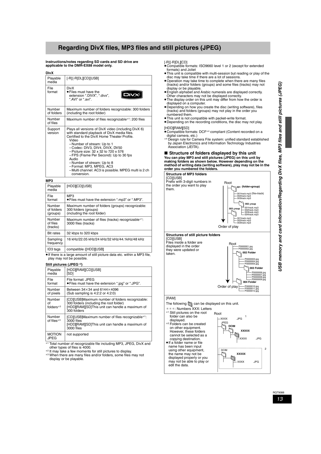 Panasonic DMR-EX78 Regarding DivX files, MP3 files and still pictures Jpeg, Structure of folders displayed by this unit 