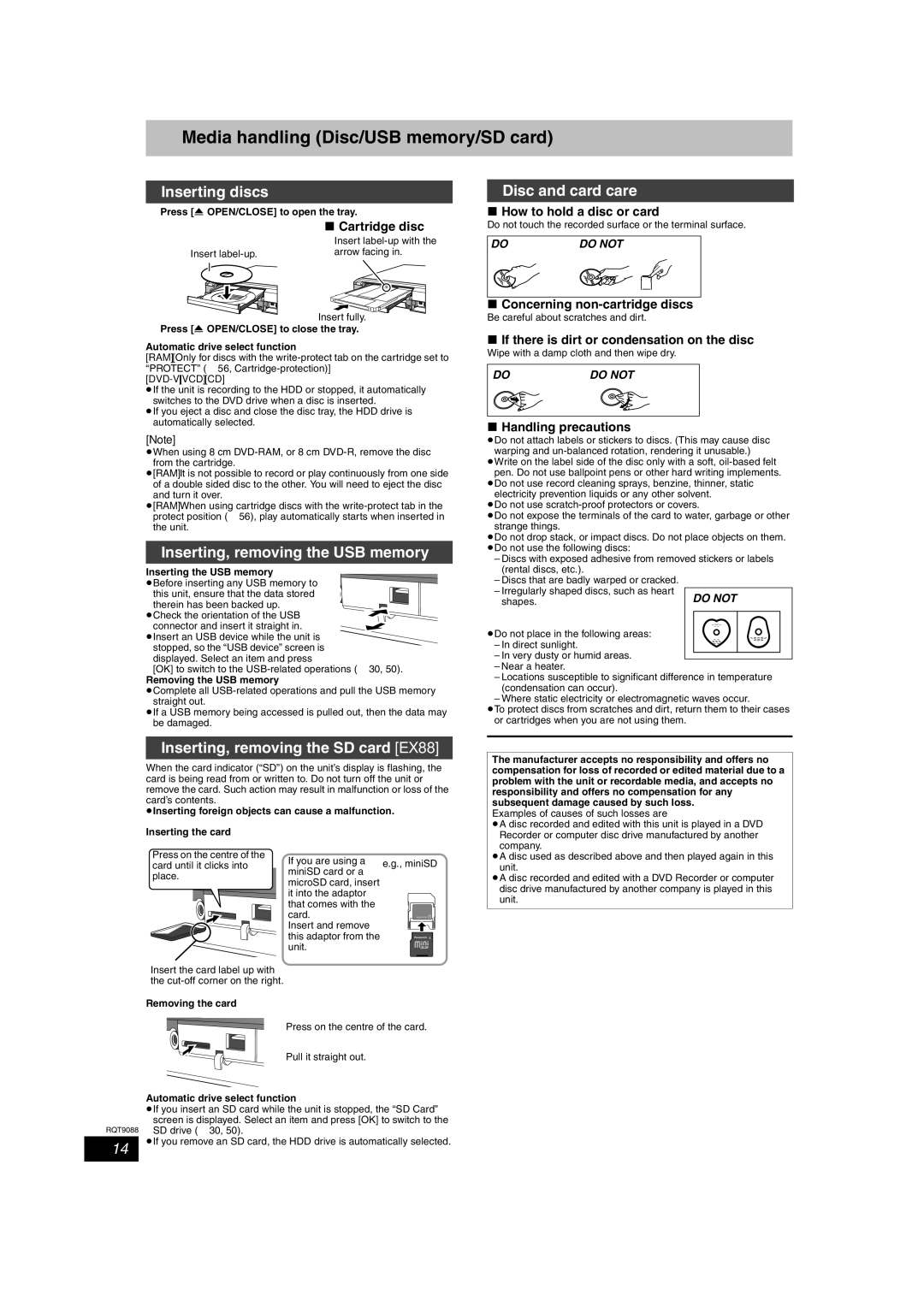 Panasonic DMR-EX78 quick start Media handling Disc/USB memory/SD card, Inserting discs, Inserting, removing the USB memory 