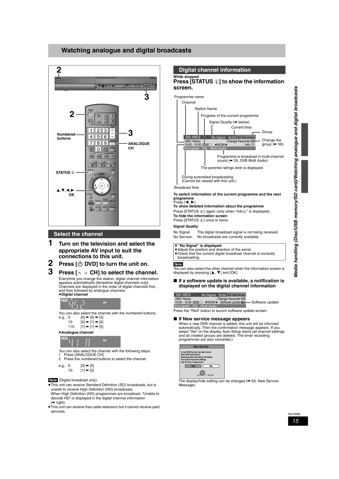 Panasonic DMR-EX78 quick start Watching analogue and digital broadcasts, Select the channel, Digital channel information 