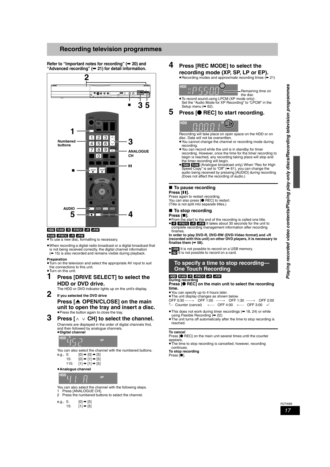 Panasonic DMR-EX78 Recording television programmes, Press ¥ REC to start recording, To specify a time to stop recording 