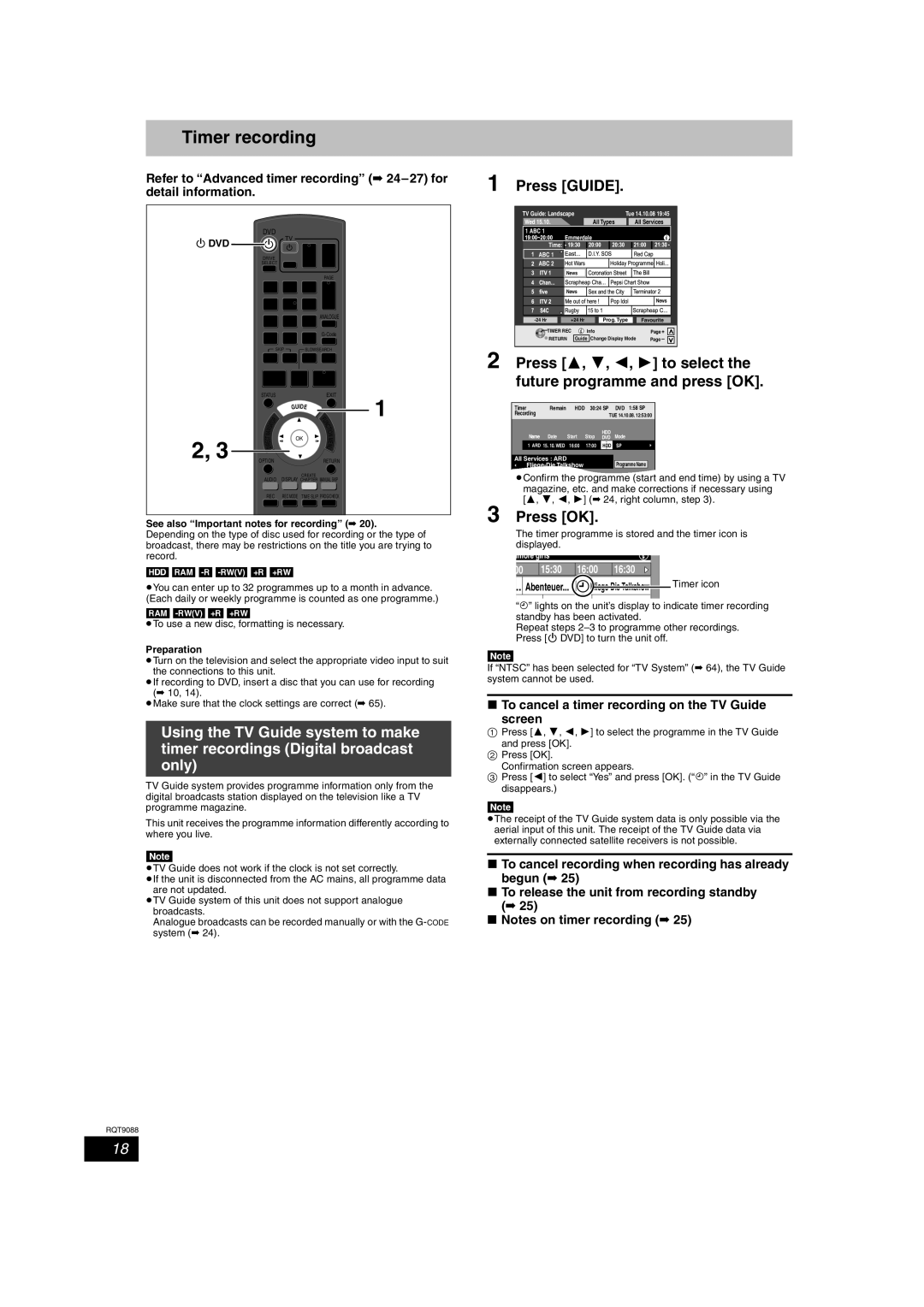 Panasonic DMR-EX78 Timer recording, Press Guide, Press OK, To cancel a timer recording on the TV Guide Screen, Timer icon 