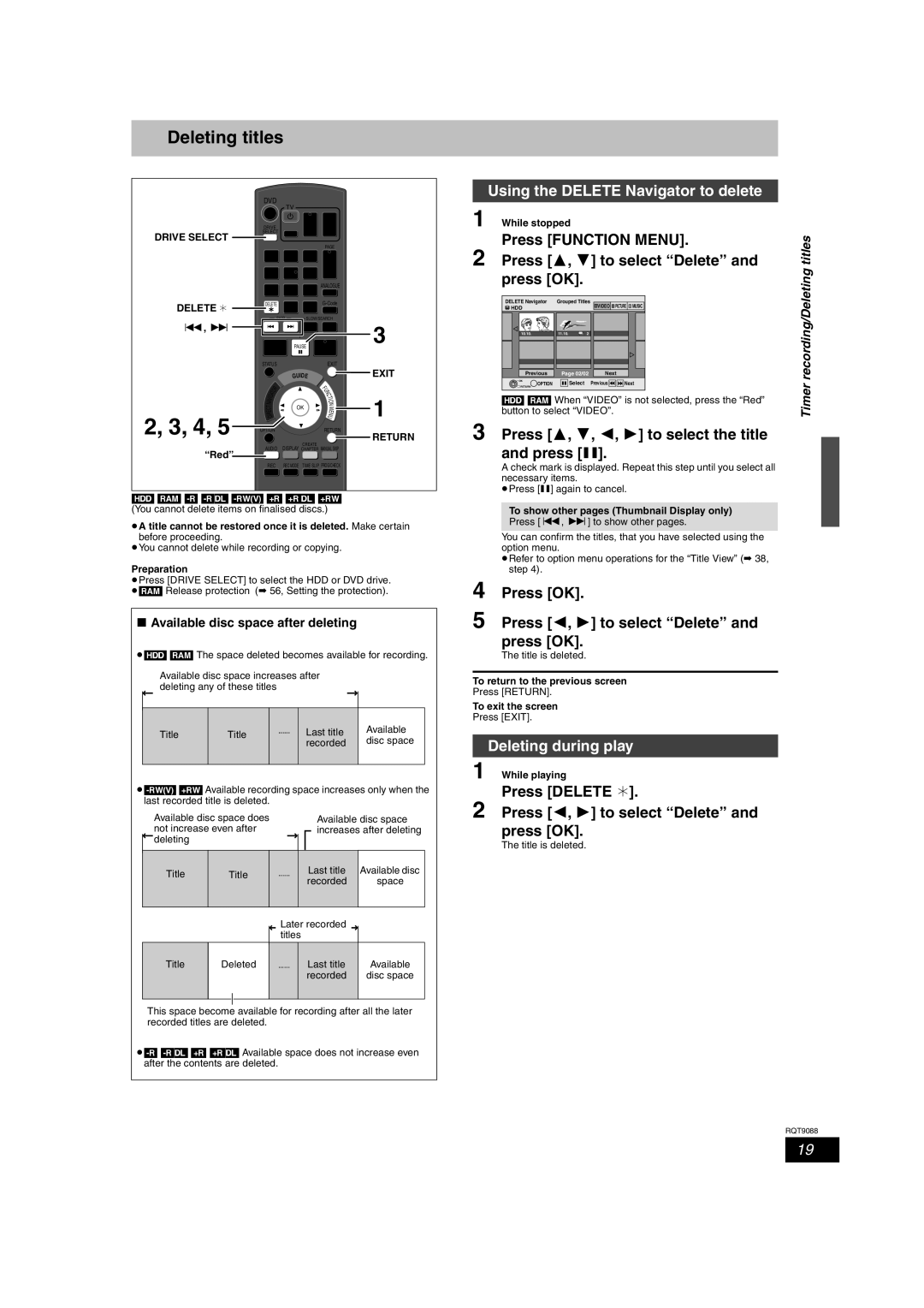 Panasonic DMR-EX78 quick start Deleting titles, Press Function Menu, Press 3, 4 to select Delete 