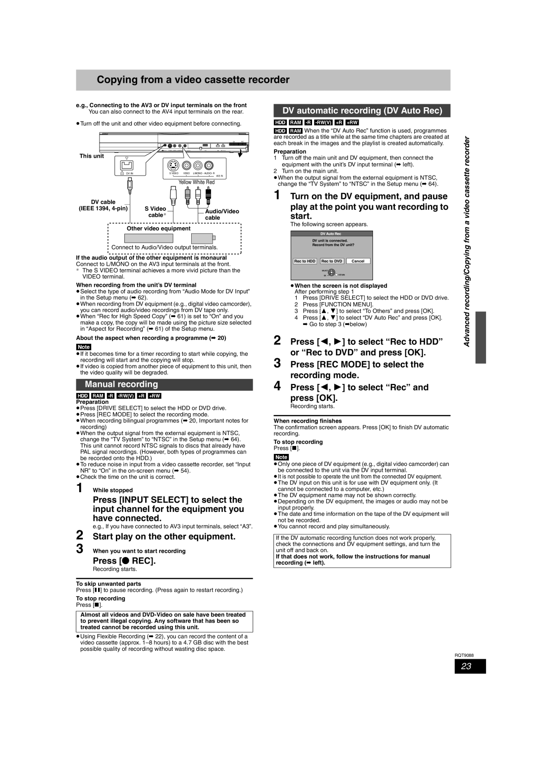 Panasonic DMR-EX78 quick start Copying from a video cassette recorder, Manual recording, DV automatic recording DV Auto Rec 