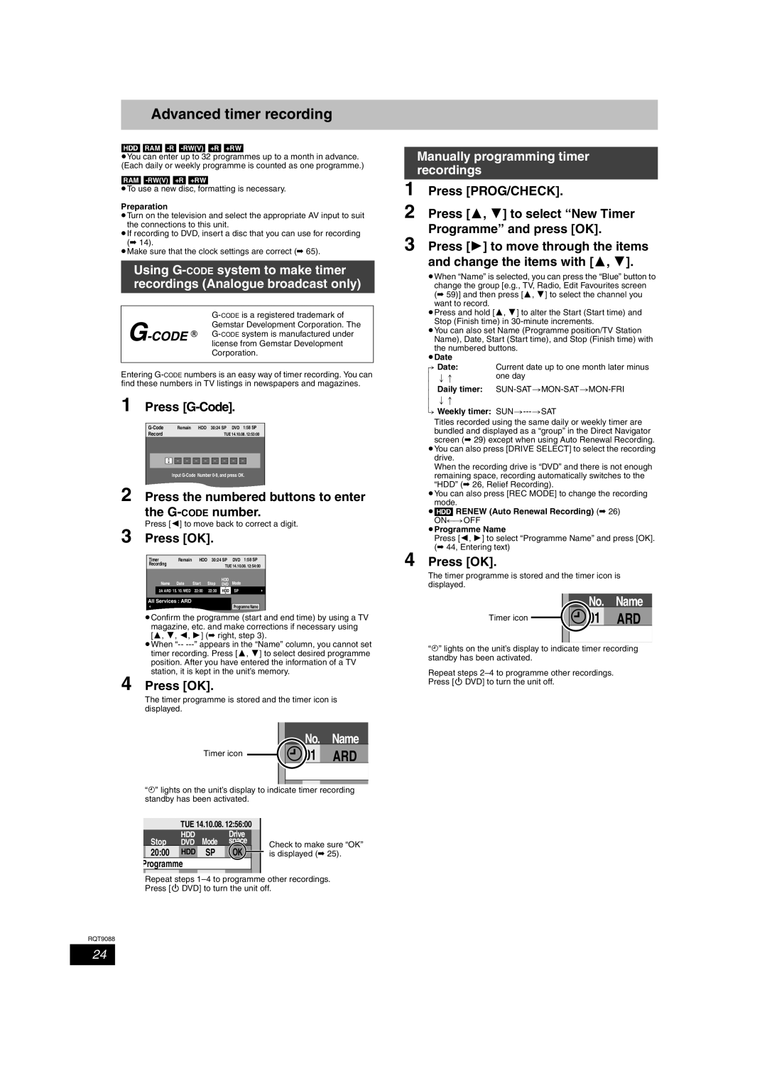 Panasonic DMR-EX78 Advanced timer recording, Manually programming timer, Recordings, Using G- Code system to make timer 