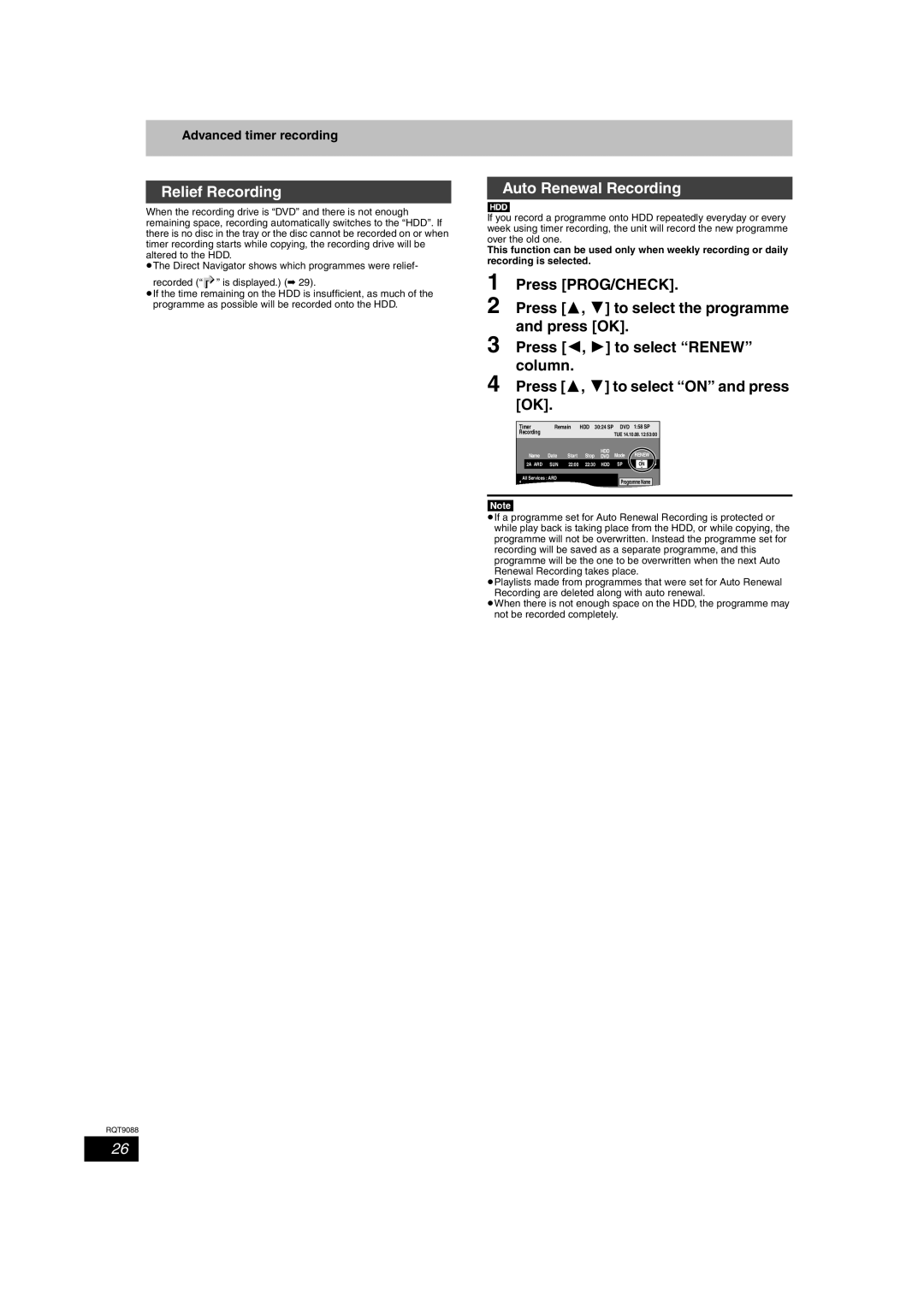 Panasonic DMR-EX78 quick start Relief Recording, Auto Renewal Recording, Advanced timer recording 