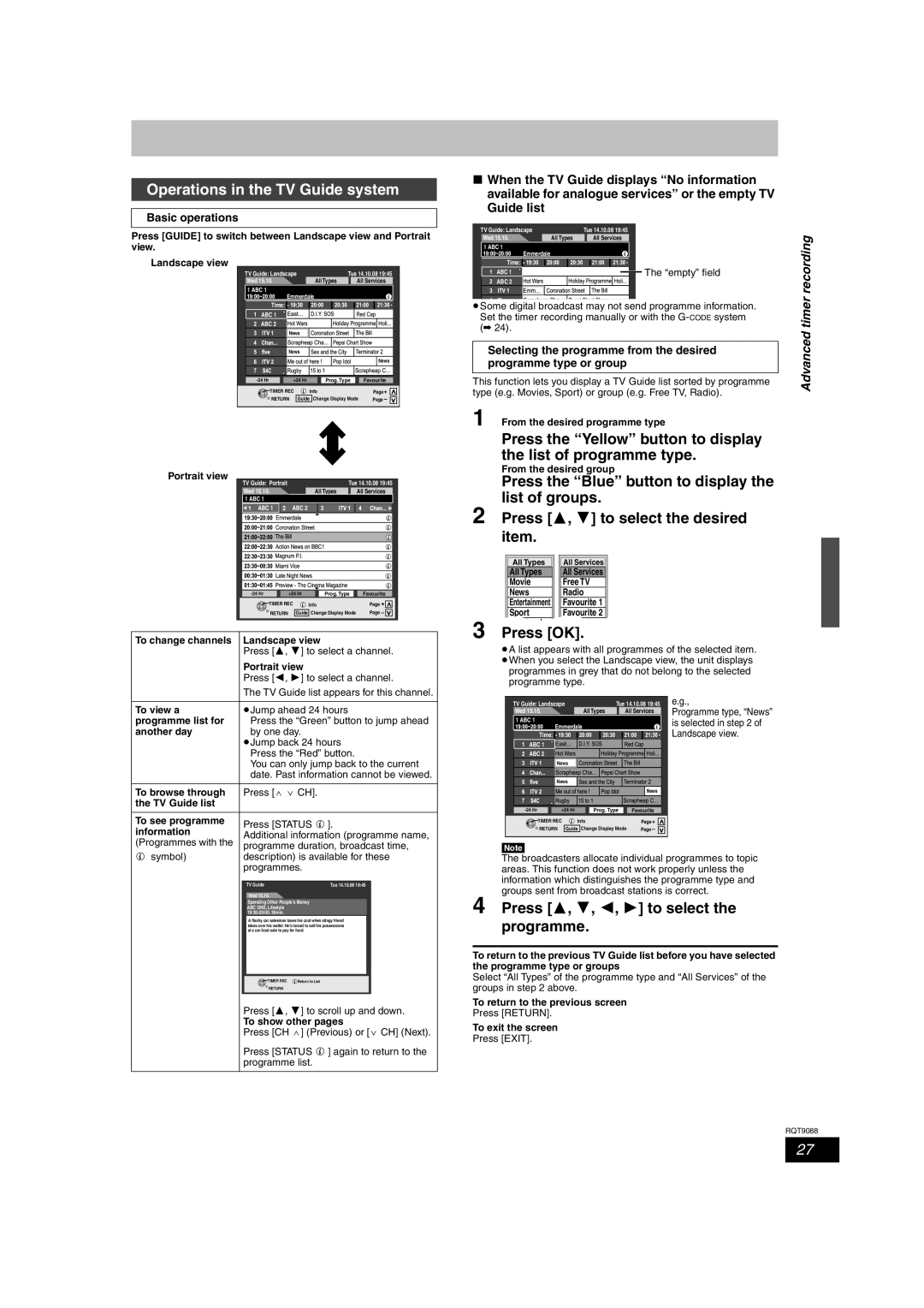 Panasonic DMR-EX78 Operations in the TV Guide system, Press 3, 4, 2, 1 to select the programme, Basic operations 