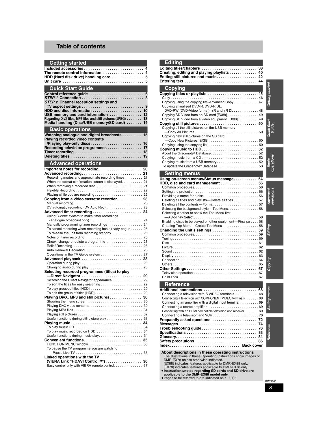 Panasonic DMR-EX78 quick start Table of contents 