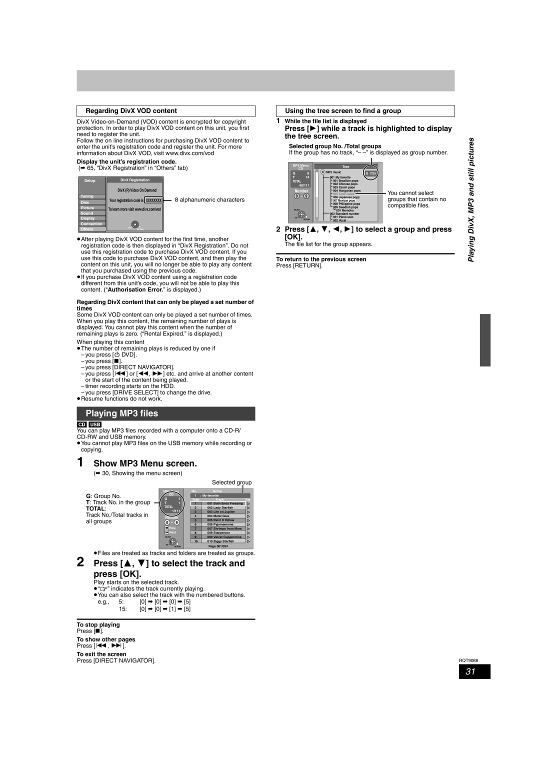 Panasonic DMR-EX78 Playing MP3 files, Show MP3 Menu screen, Press 1 while a track is highlighted to display Tree screen 