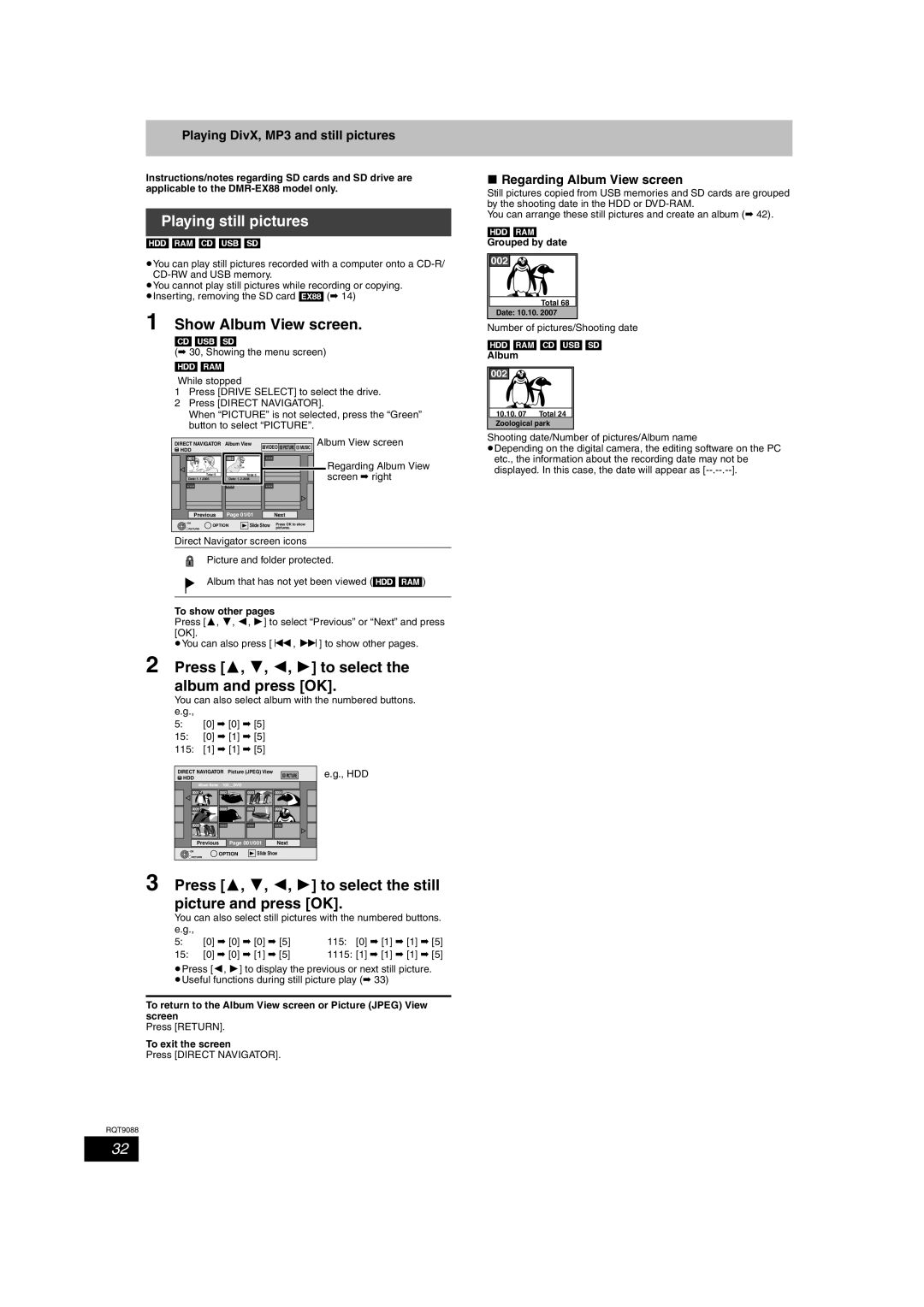 Panasonic DMR-EX78 Playing still pictures, Show Album View screen, Press 3, 4, 2, 1 to select the album and press OK 