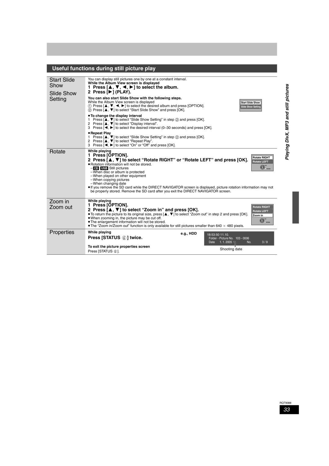 Panasonic DMR-EX78 quick start Useful functions during still picture play, Rotate, Playing DivX, MP3 and still pictures 