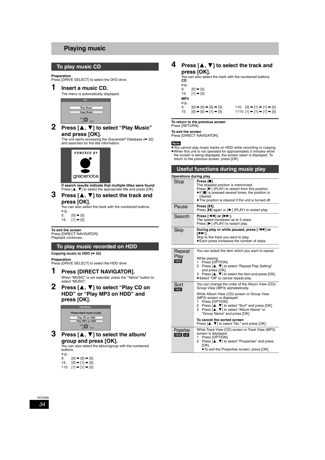 Panasonic DMR-EX78 Playing music, To play music CD, To play music recorded on HDD, Useful functions during music play 