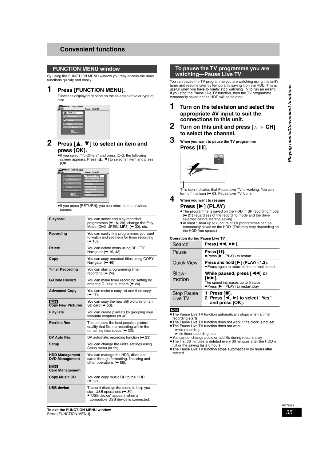 Panasonic DMR-EX78 Convenient functions, Function Menu window, To pause the TV programme you are watching-Pause Live TV 