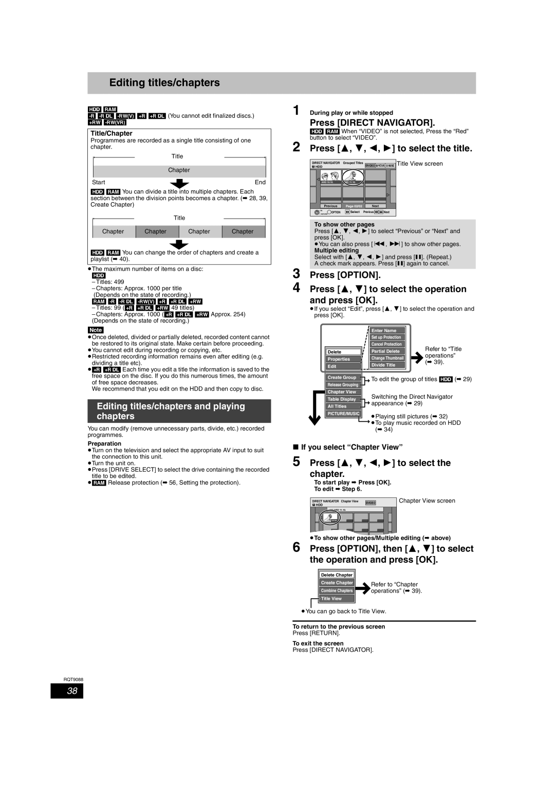 Panasonic DMR-EX78 quick start Editing titles/chapters and playing chapters, Press 3, 4, 2, 1 to select the title 