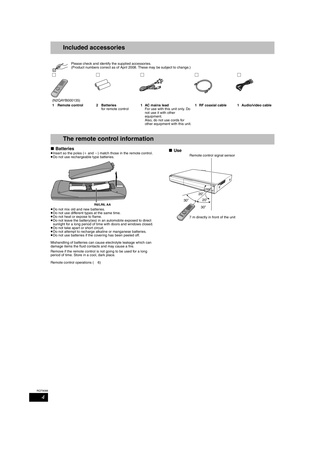 Panasonic DMR-EX78 quick start Included accessories, Remote control information, Batteries, Use 