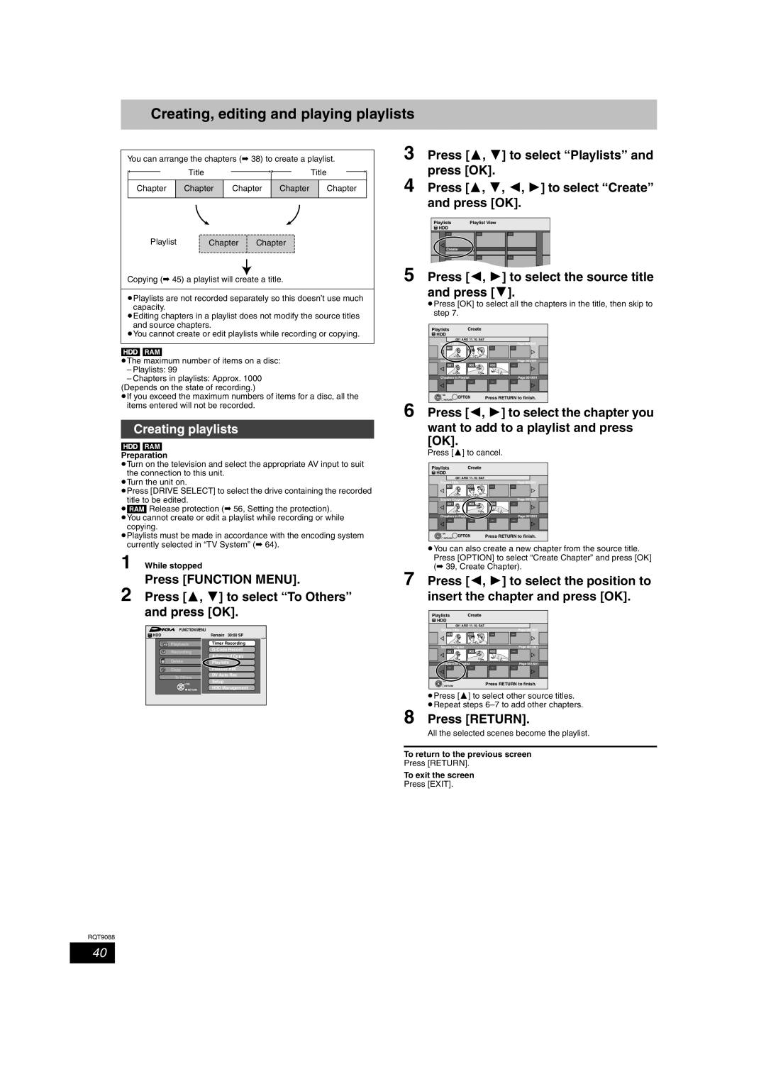 Panasonic DMR-EX78 quick start Creating, editing and playing playlists, Creating playlists, Press Return 