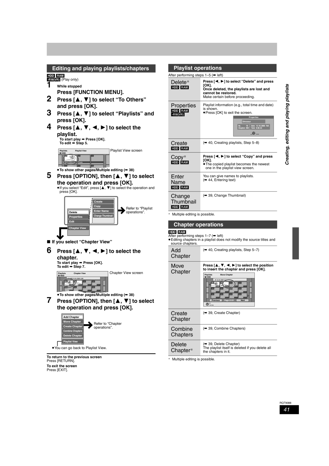 Panasonic DMR-EX78 quick start Editing and playing playlists/chapters, Playlist operations, Add, Chapter Move 