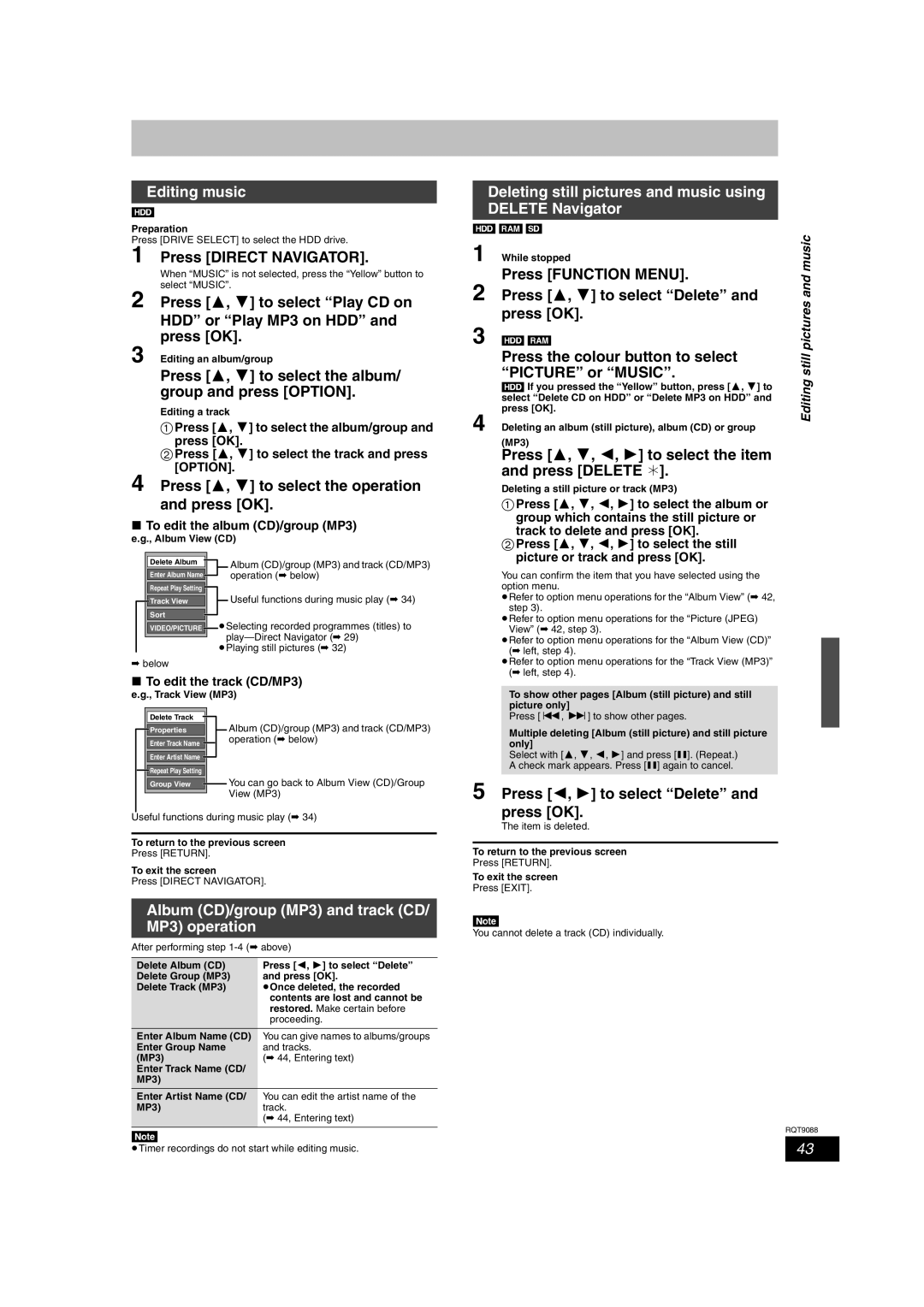 Panasonic DMR-EX78 quick start Editing music, Album CD/group MP3 and track CD/ MP3 operation 