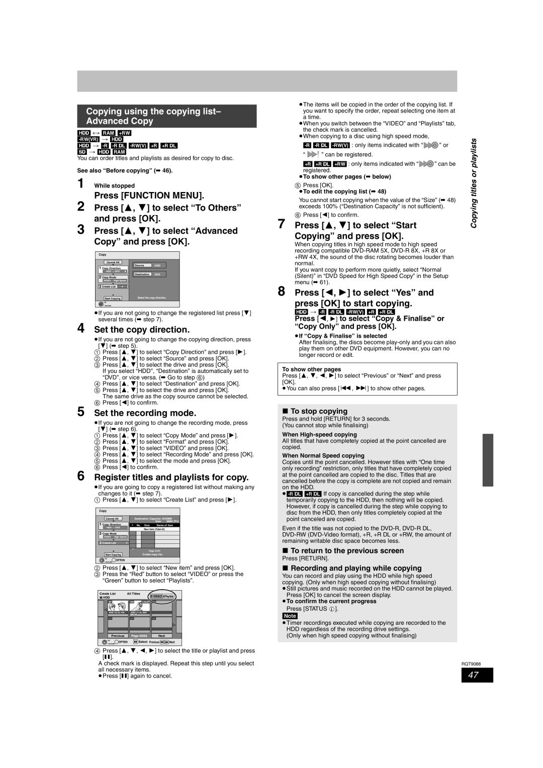 Panasonic DMR-EX78 quick start Copying using the copying list- Advanced Copy 