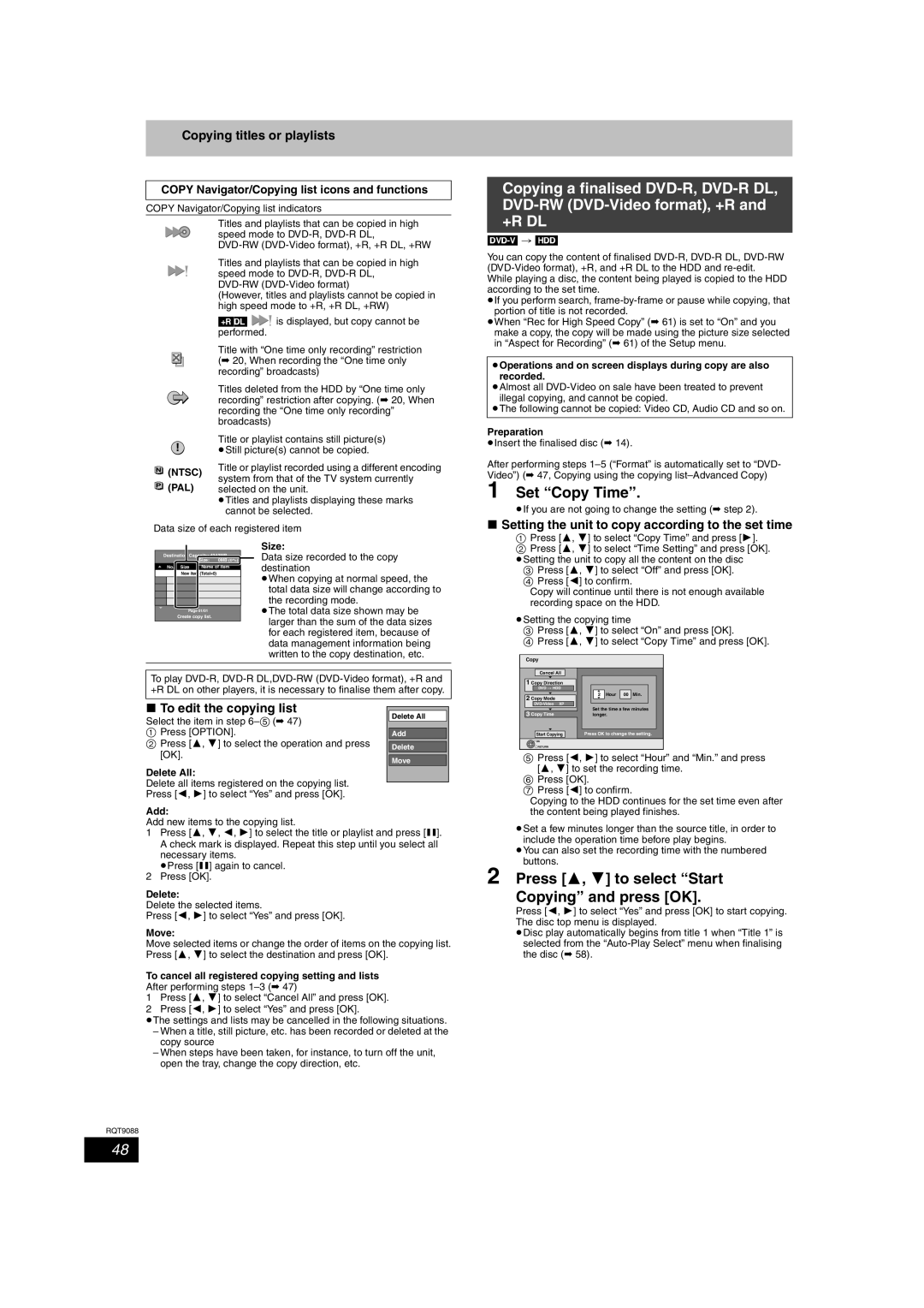 Panasonic DMR-EX78 quick start Set Copy Time, Press 3, 4 to select Start Copying and press OK, To edit the copying list 