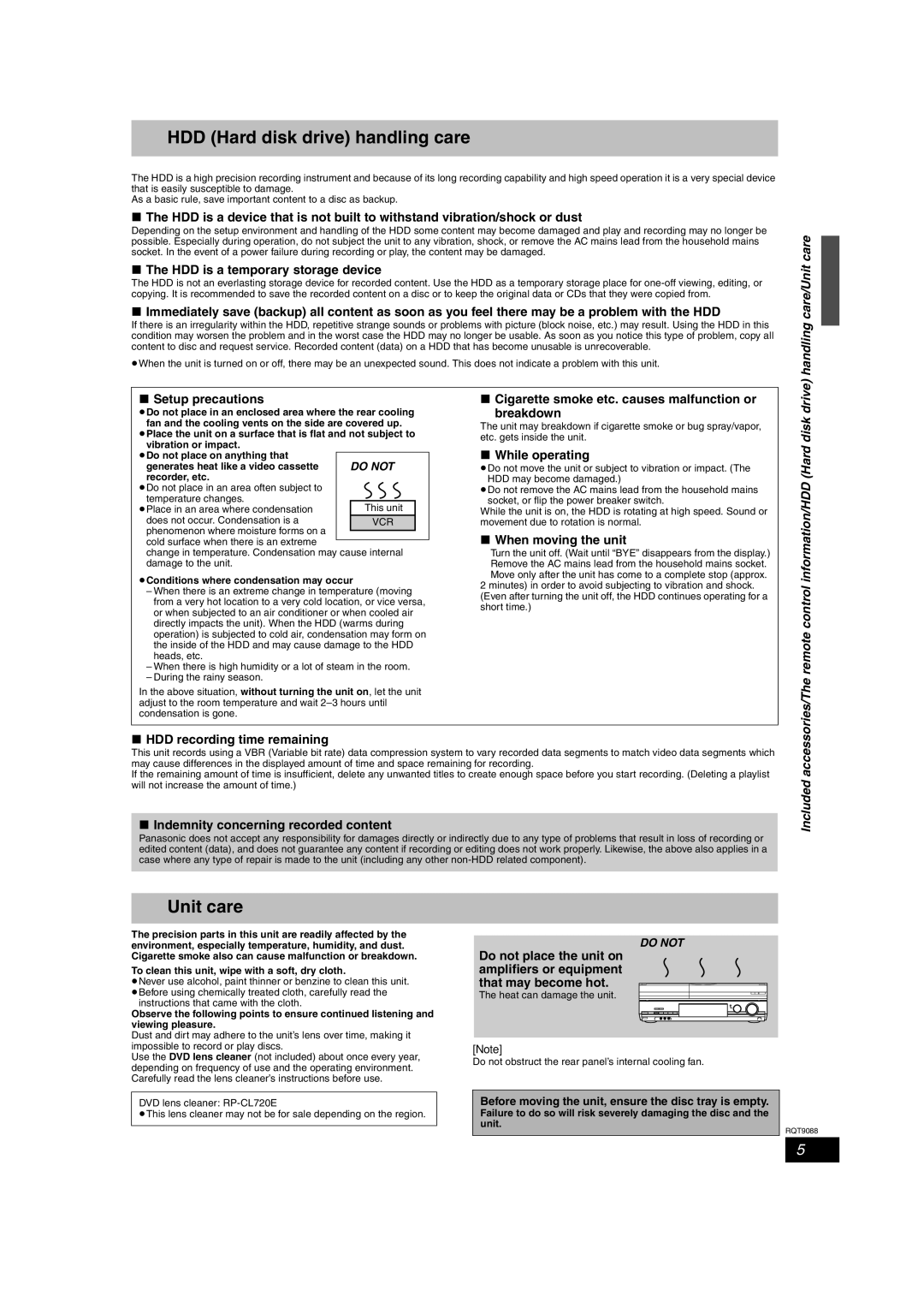 Panasonic DMR-EX78 quick start HDD Hard disk drive handling care, Handling care/Unit care, Included 