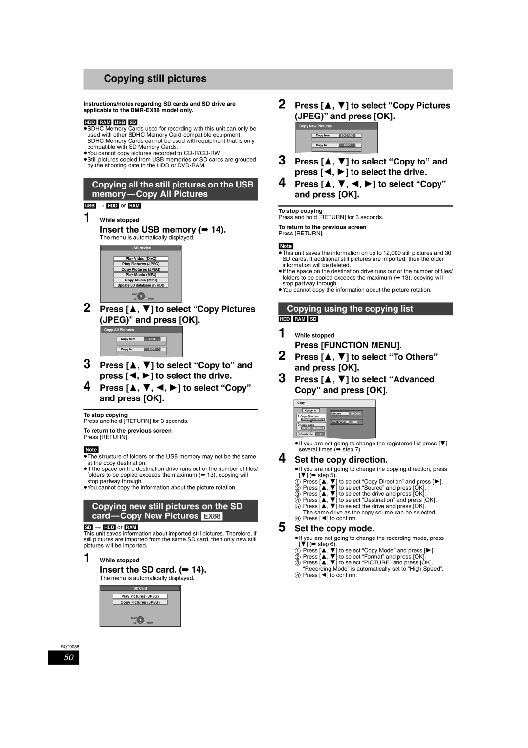 Panasonic DMR-EX78 quick start Copying still pictures, Copying using the copying list 