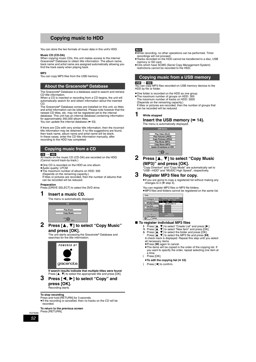 Panasonic DMR-EX78 quick start Copying music to HDD, About the Gracenote Database, Copying music from a CD 