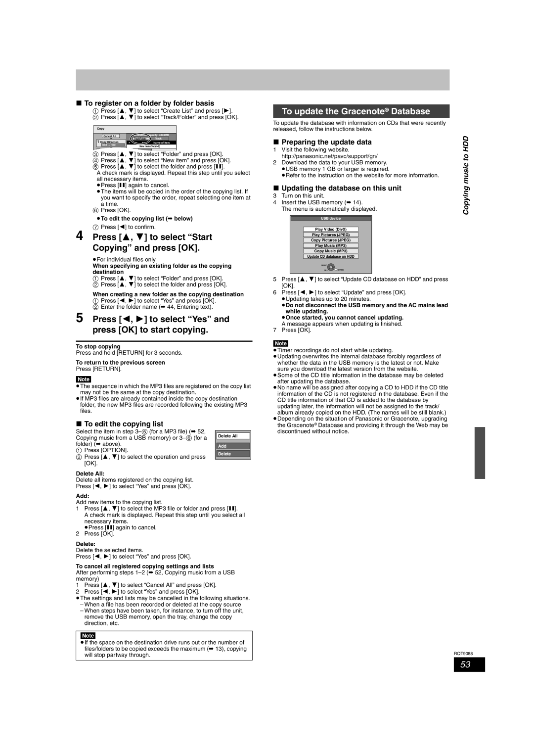 Panasonic DMR-EX78 quick start Press 2, 1 to select Yes and press OK to start copying, To update the Gracenote Database 