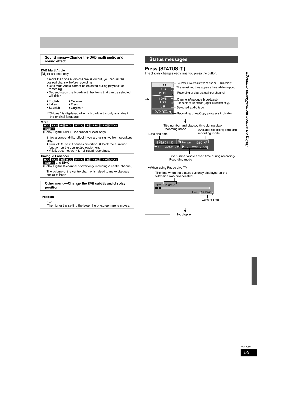 Panasonic DMR-EX78 quick start Status messages, Press Status, Using on-screen menus/Status message 