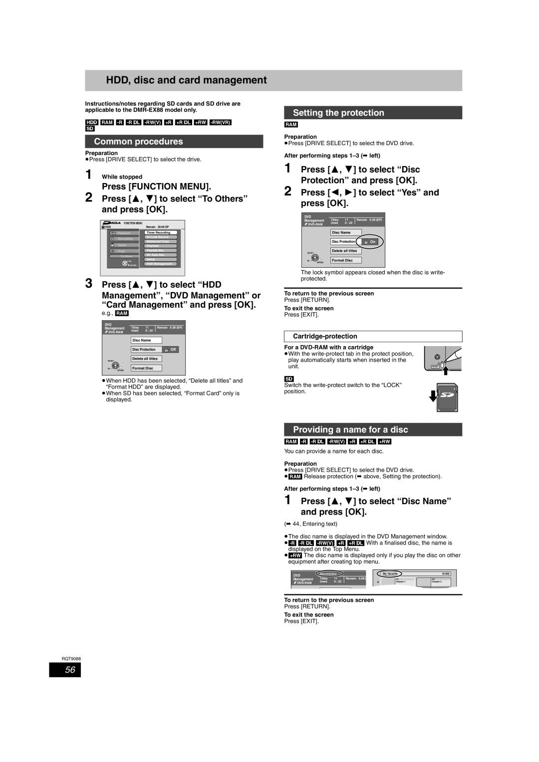 Panasonic DMR-EX78 HDD, disc and card management, Common procedures, Setting the protection, Providing a name for a disc 