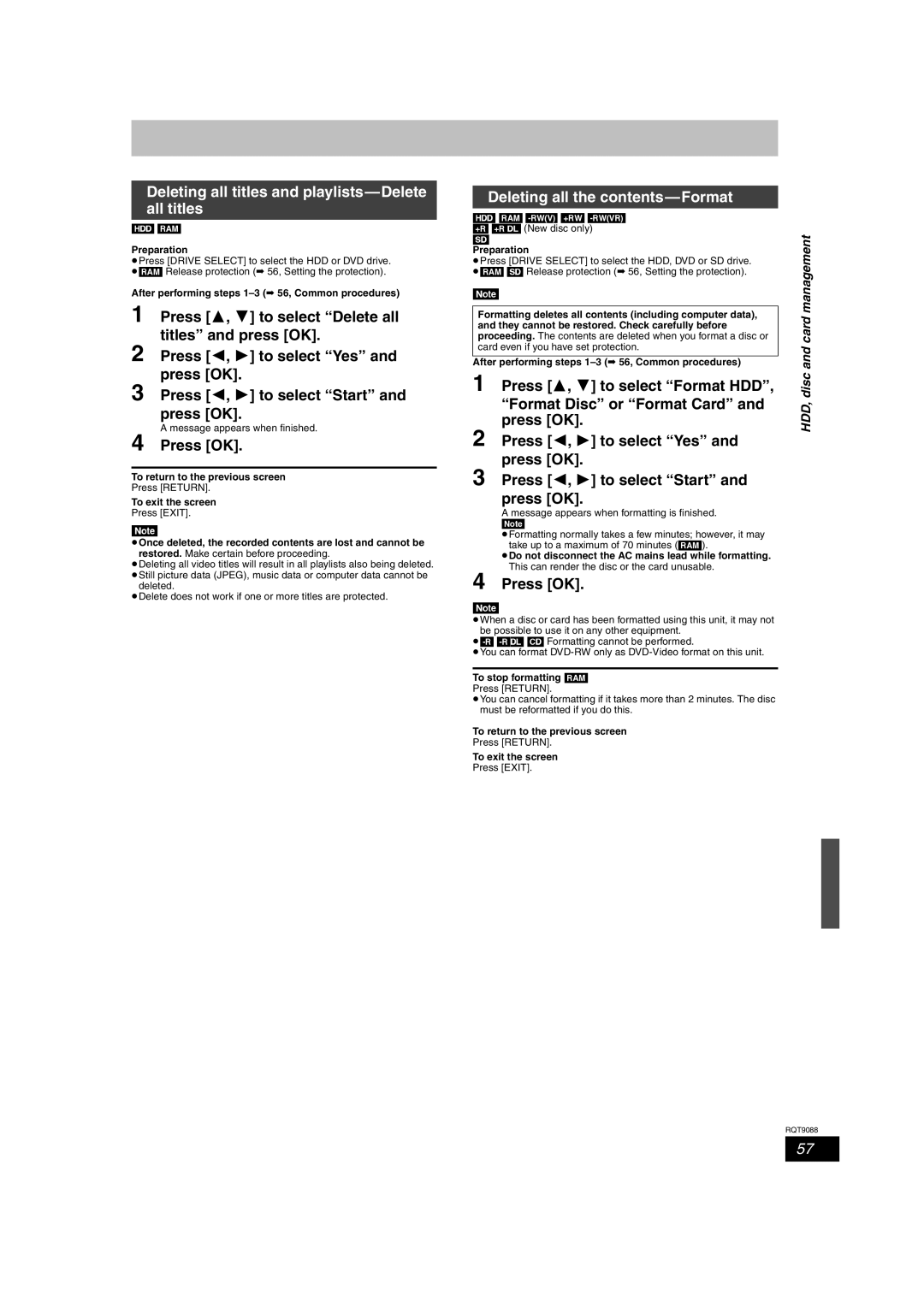 Panasonic DMR-EX78 quick start Deleting all titles and playlists-Delete all titles, Deleting all the contents-Format 