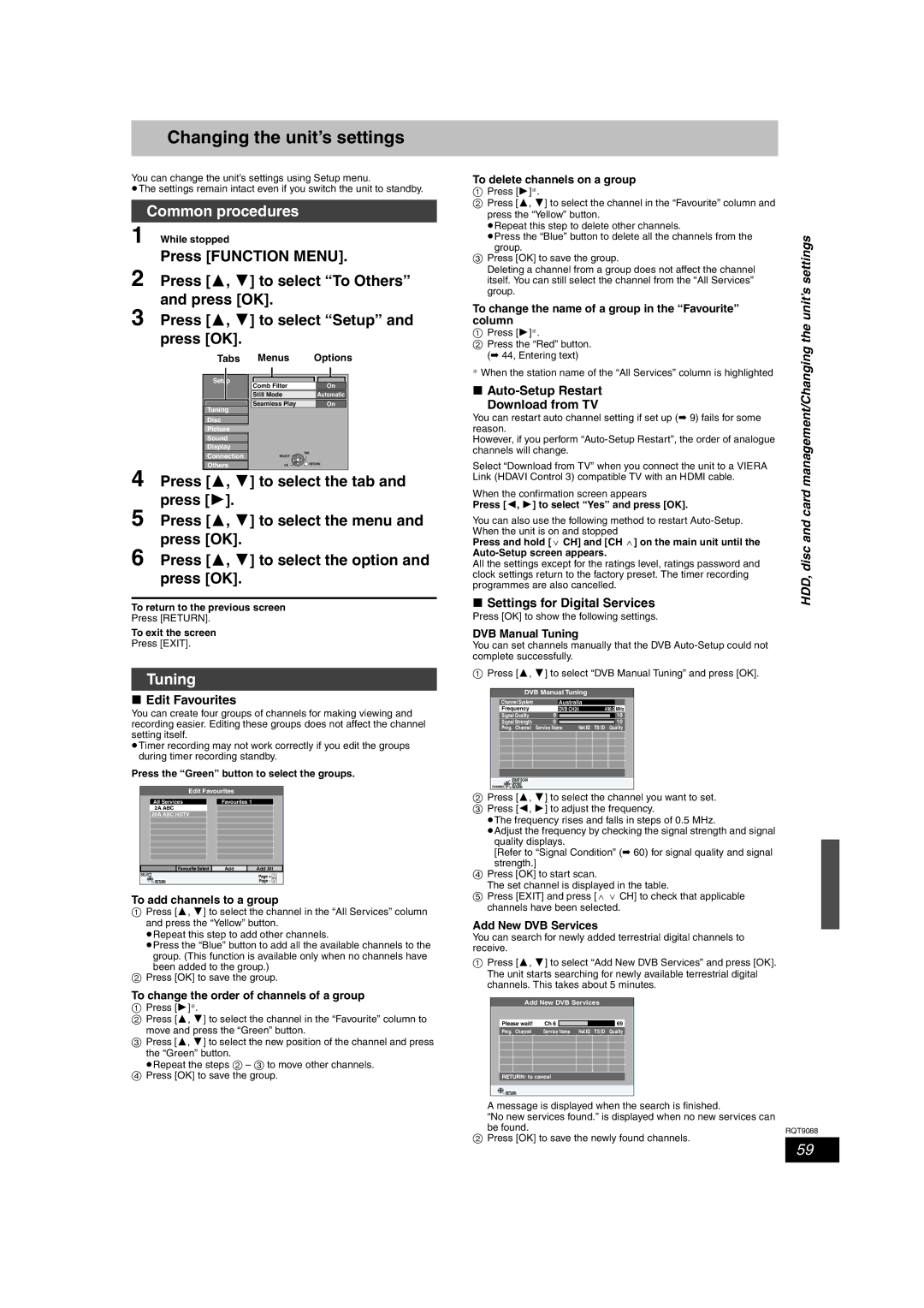 Panasonic DMR-EX78 quick start Changing the unit’s settings, Tuning, Edit Favourites, Auto-Setup Restart Download from TV 