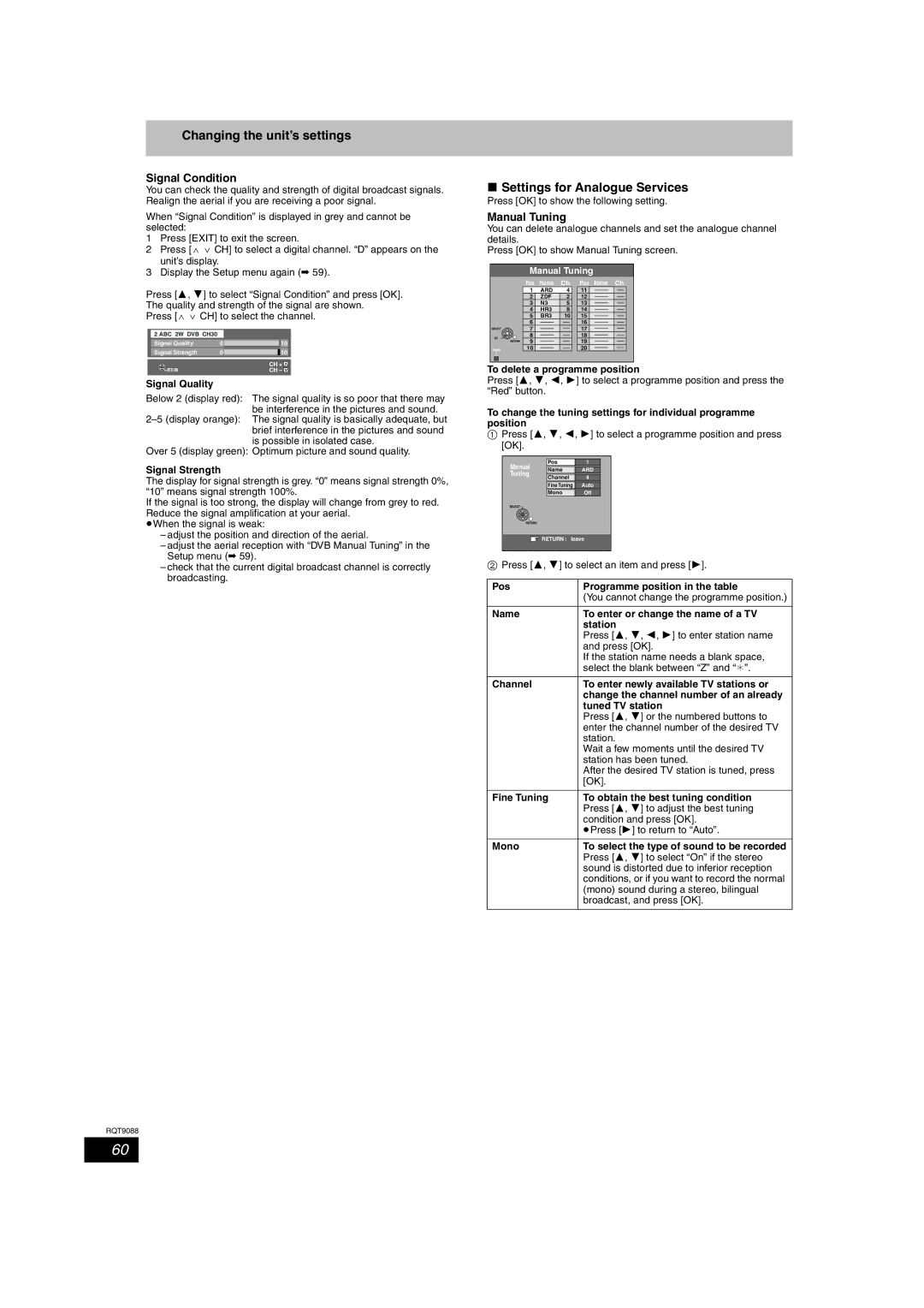 Panasonic DMR-EX78 Changing the unit’s settings, Settings for Analogue Services, Signal Condition, Manual Tuning 