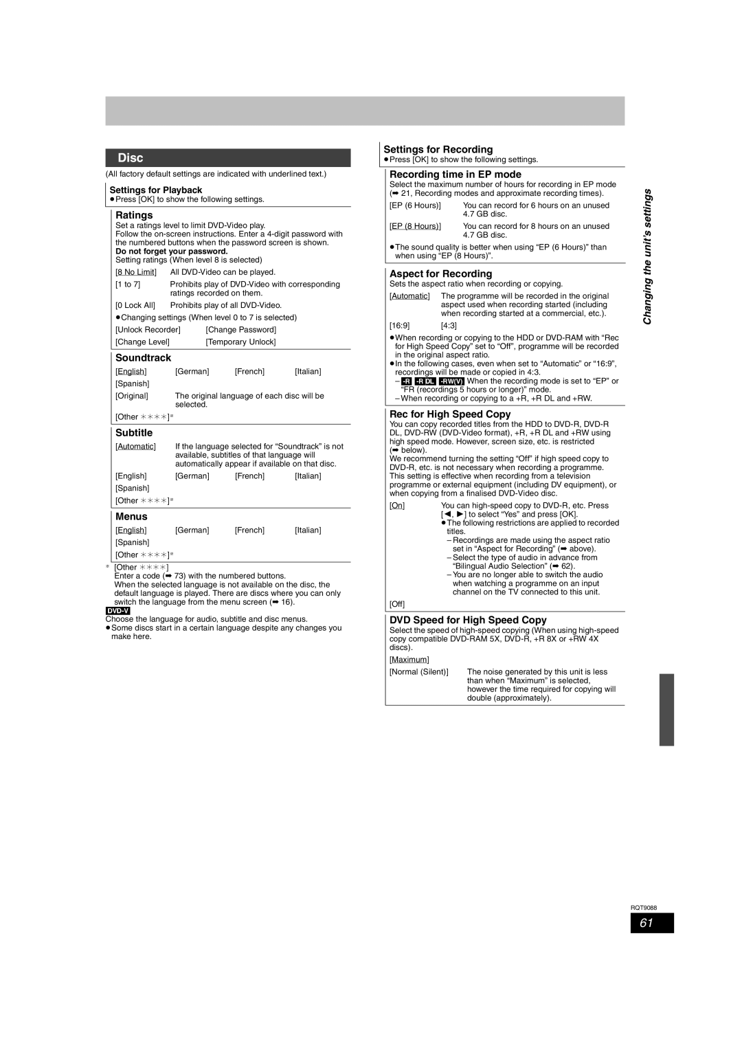 Panasonic DMR-EX78 quick start Disc 