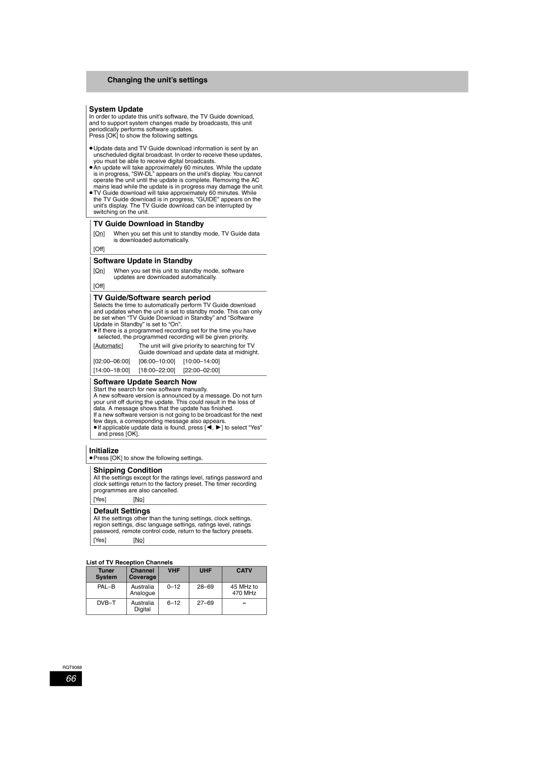 Panasonic DMR-EX78 Changing the unit’s settings System Update, TV Guide Download in Standby, Software Update in Standby 