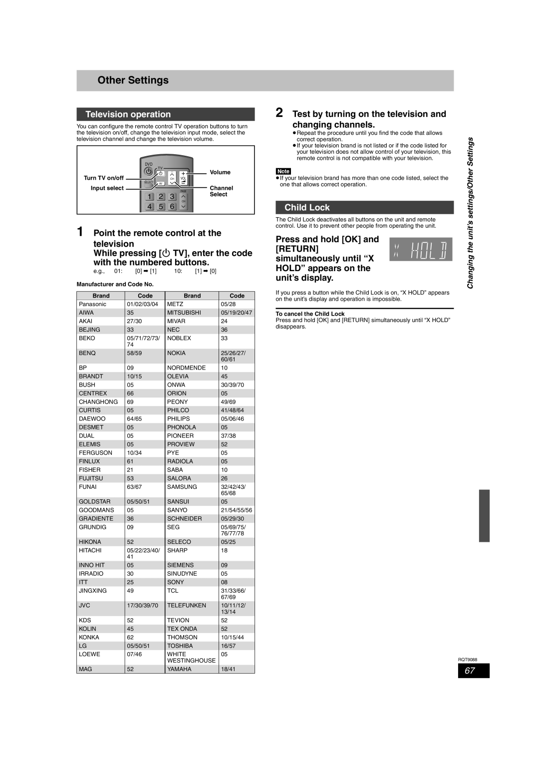 Panasonic DMR-EX78 quick start Other Settings, Television operation, Child Lock 