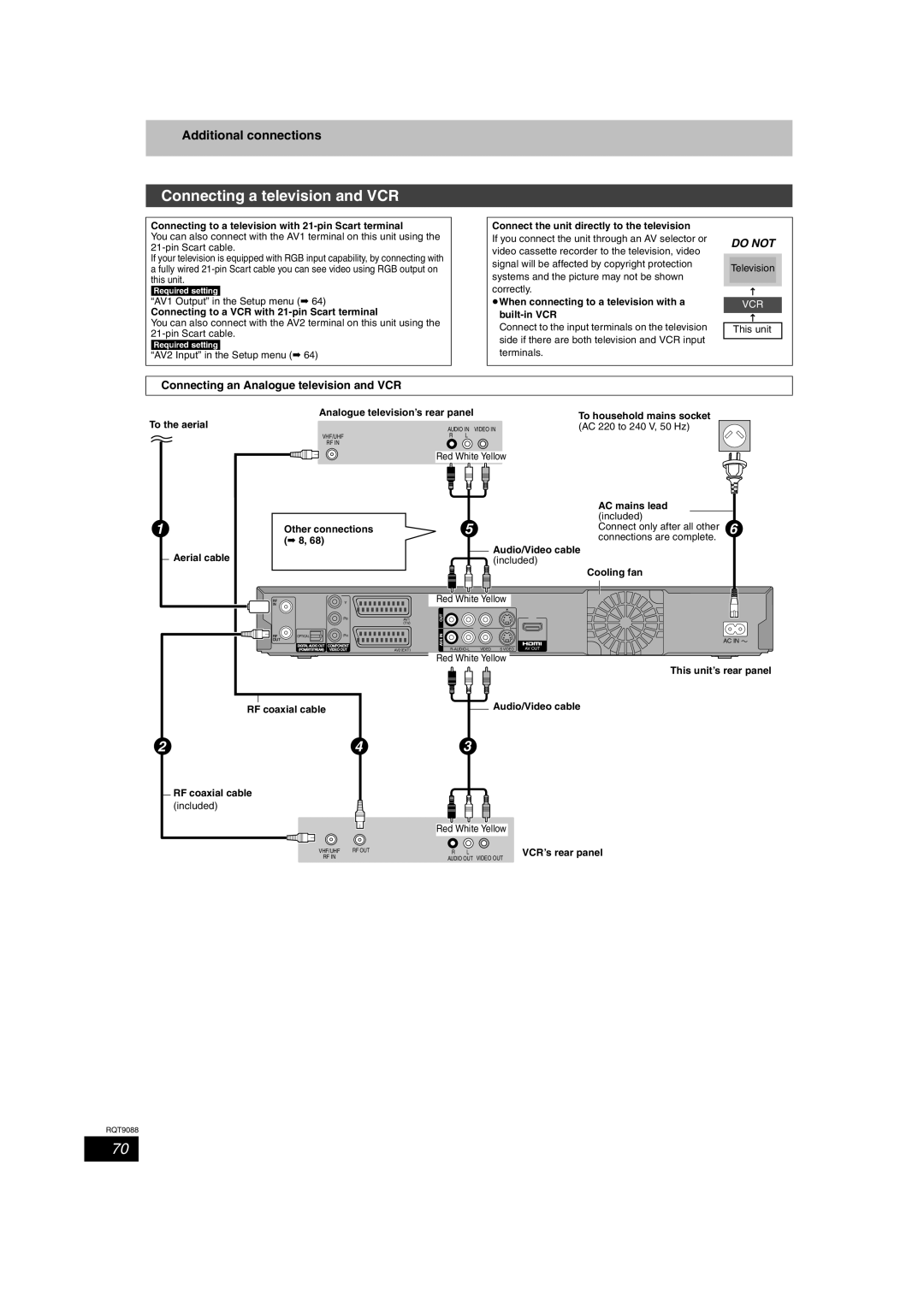 Panasonic DMR-EX78 Connecting a television and VCR, Additional connections, Connecting an Analogue television and VCR 