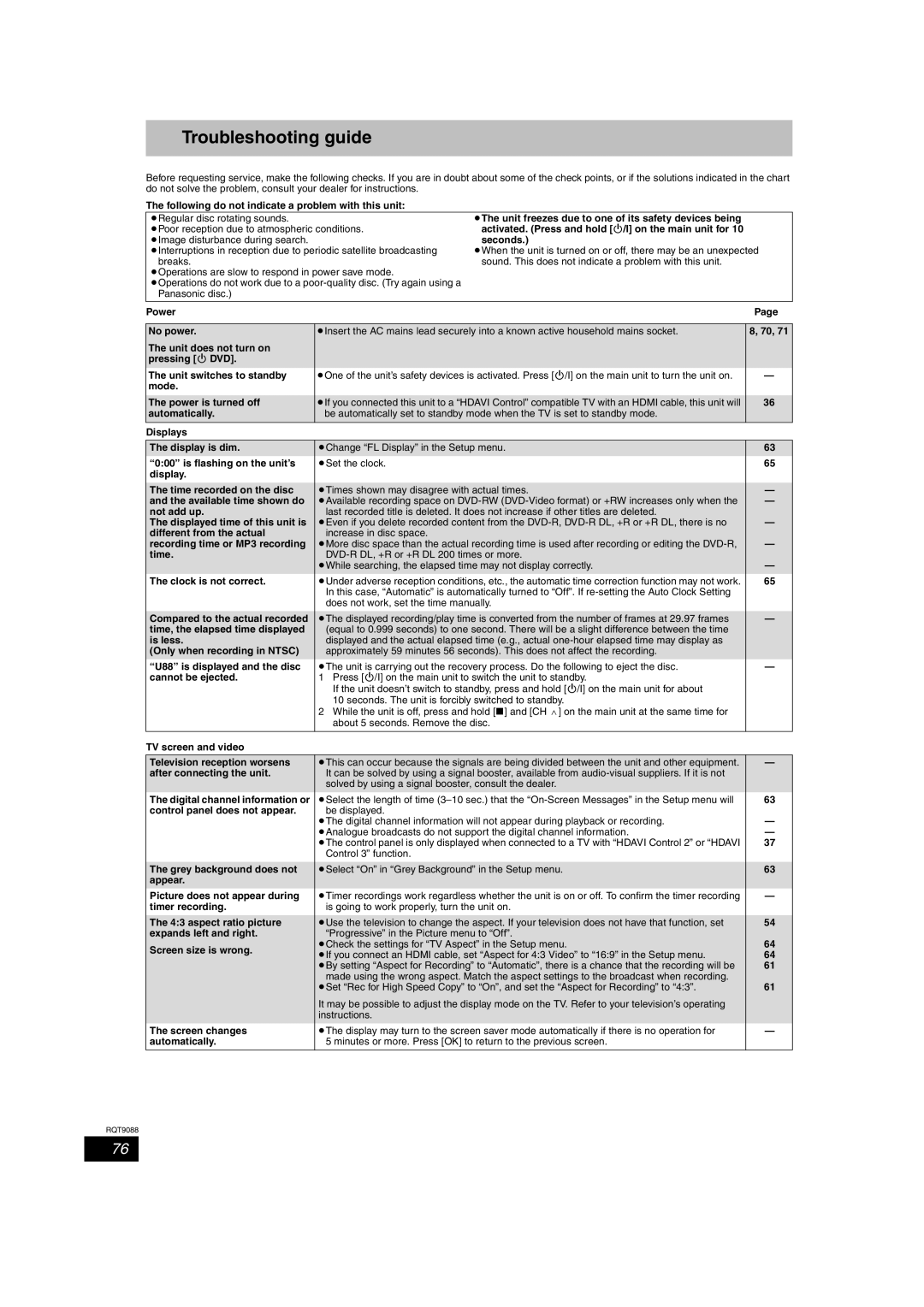 Panasonic DMR-EX78 quick start Troubleshooting guide 