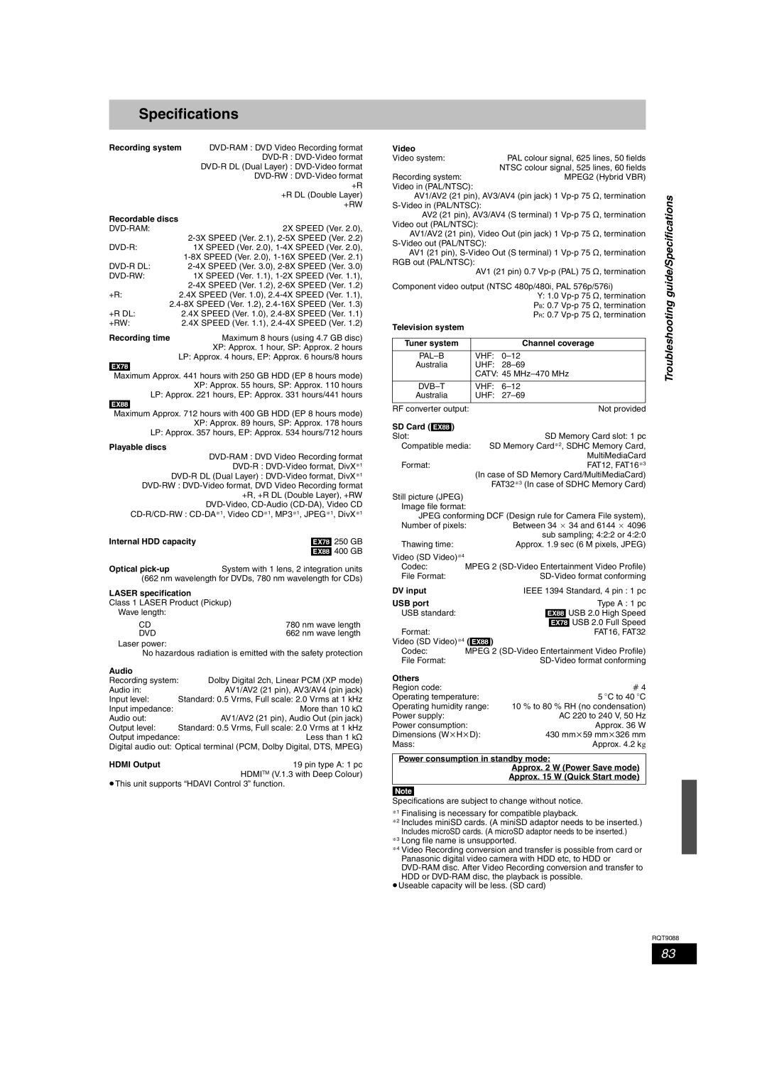 Panasonic DMR-EX78 quick start Guide/Specifications, Troubleshooting 