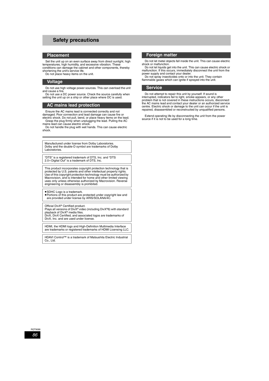 Panasonic DMR-EX78 quick start Safety precautions 