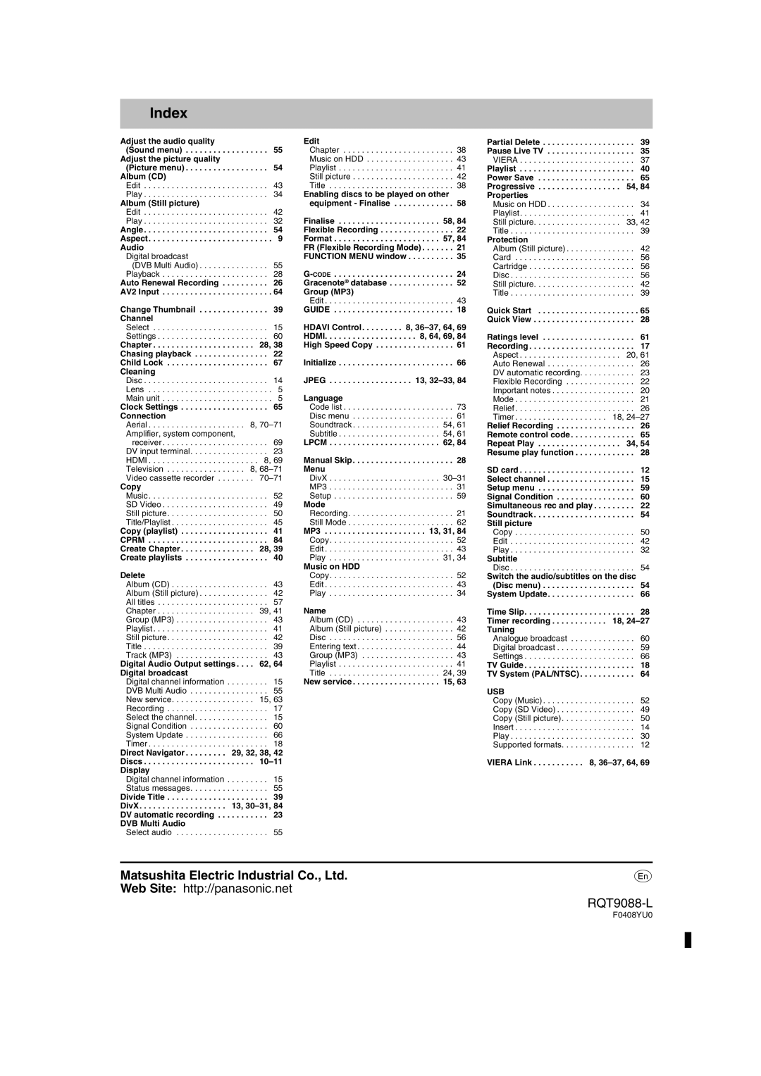 Panasonic DMR-EX78 quick start Index 