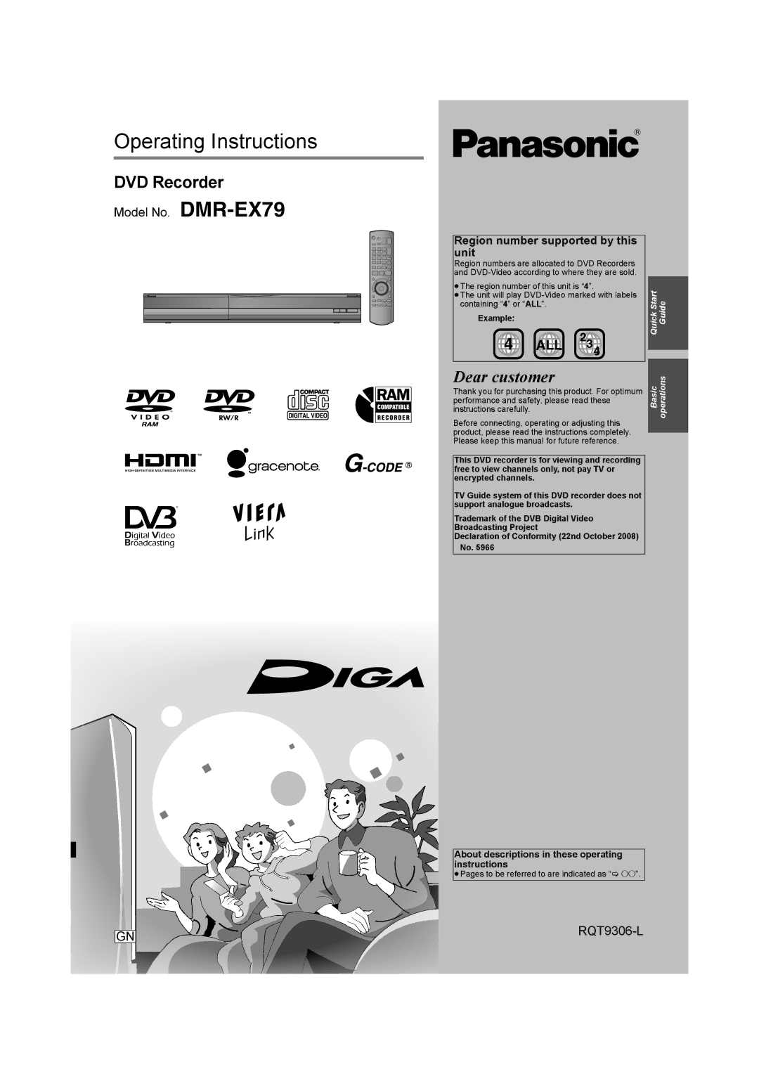 Panasonic DMR-EX79 quick start About descriptions in these operating instructions, Example 