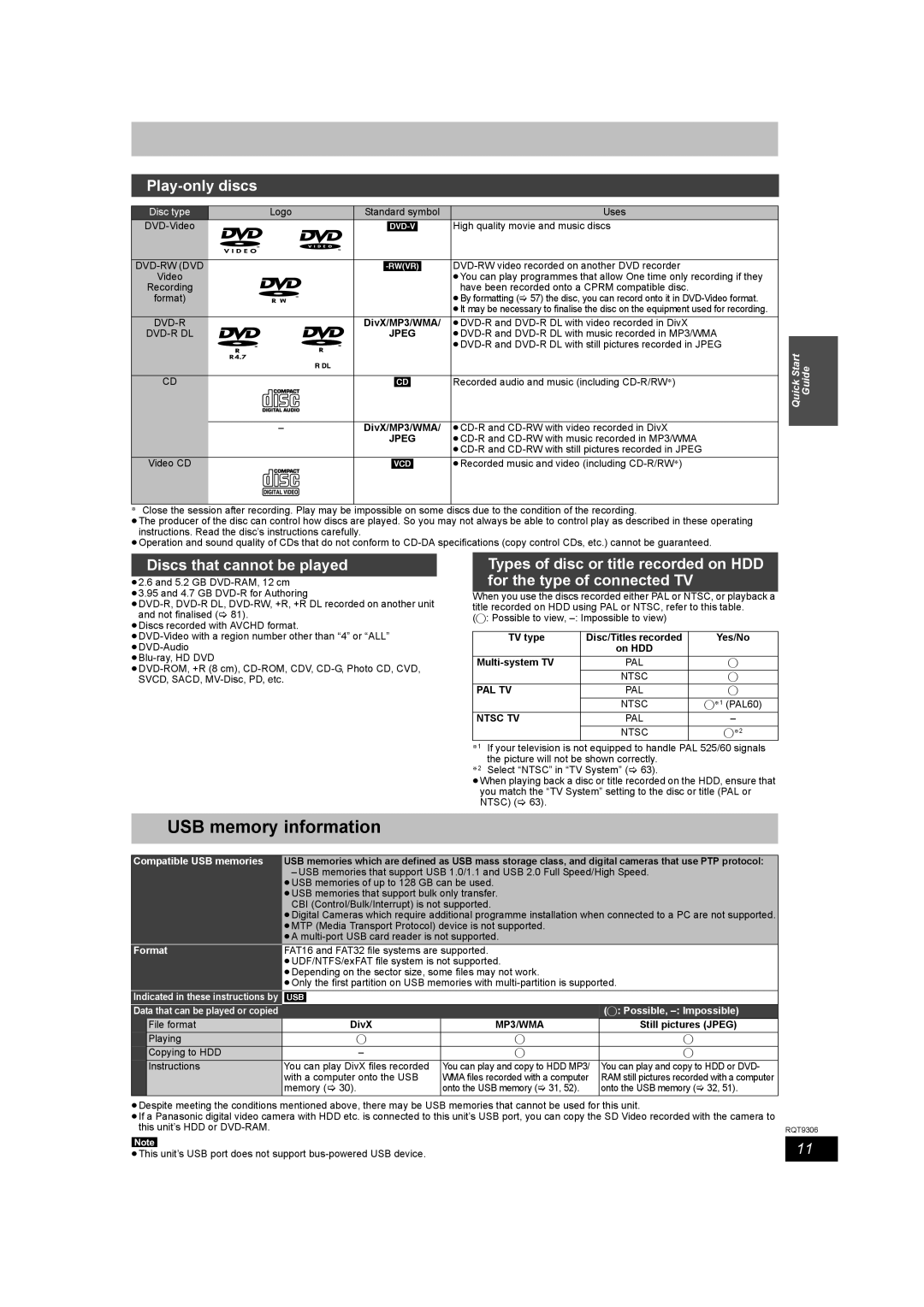 Panasonic DMR-EX79 quick start USB memory information, Play-only discs, Discs that cannot be played 