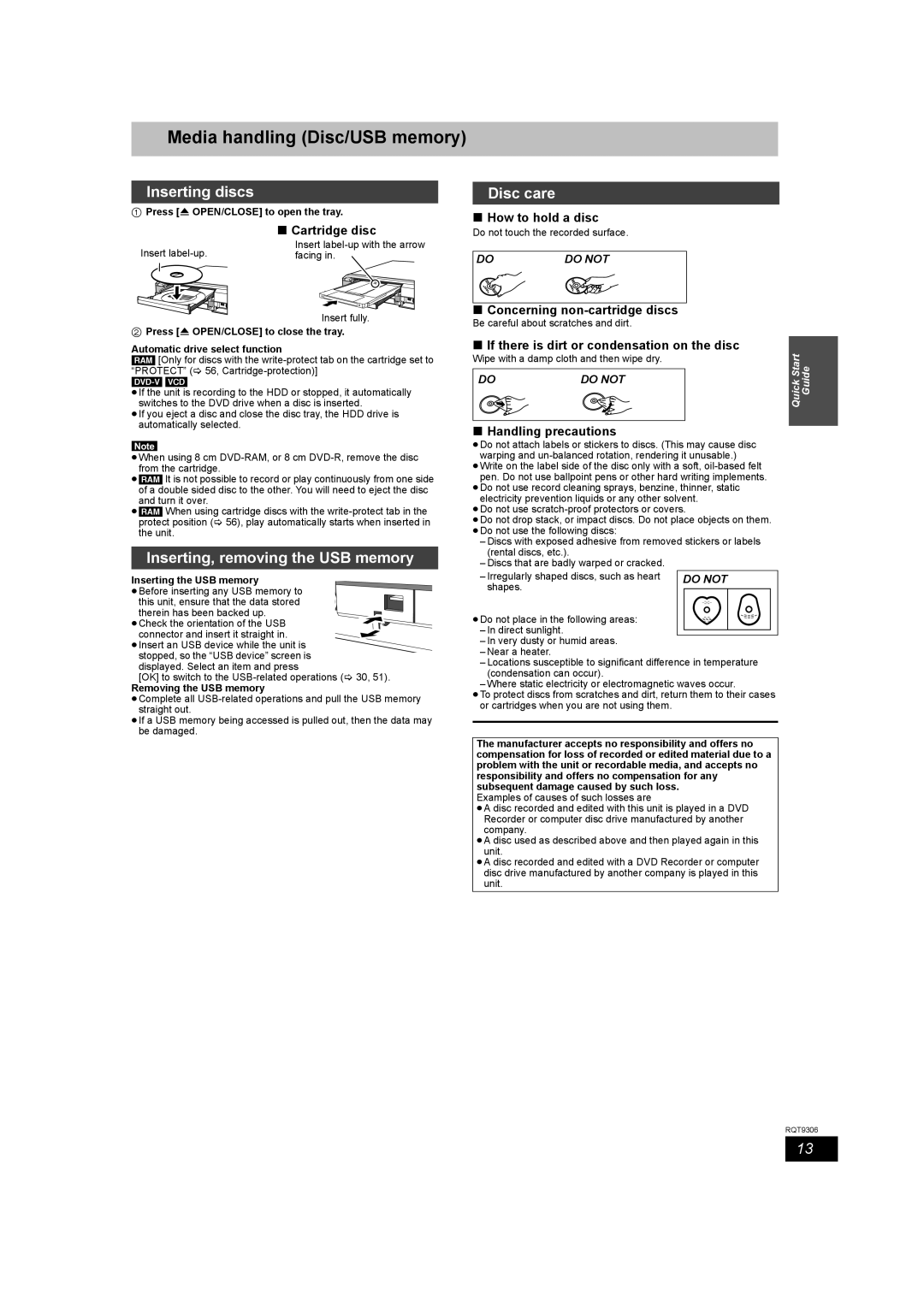 Panasonic DMR-EX79 Media handling Disc/USB memory, Inserting discs, Inserting, removing the USB memory, Disc care 