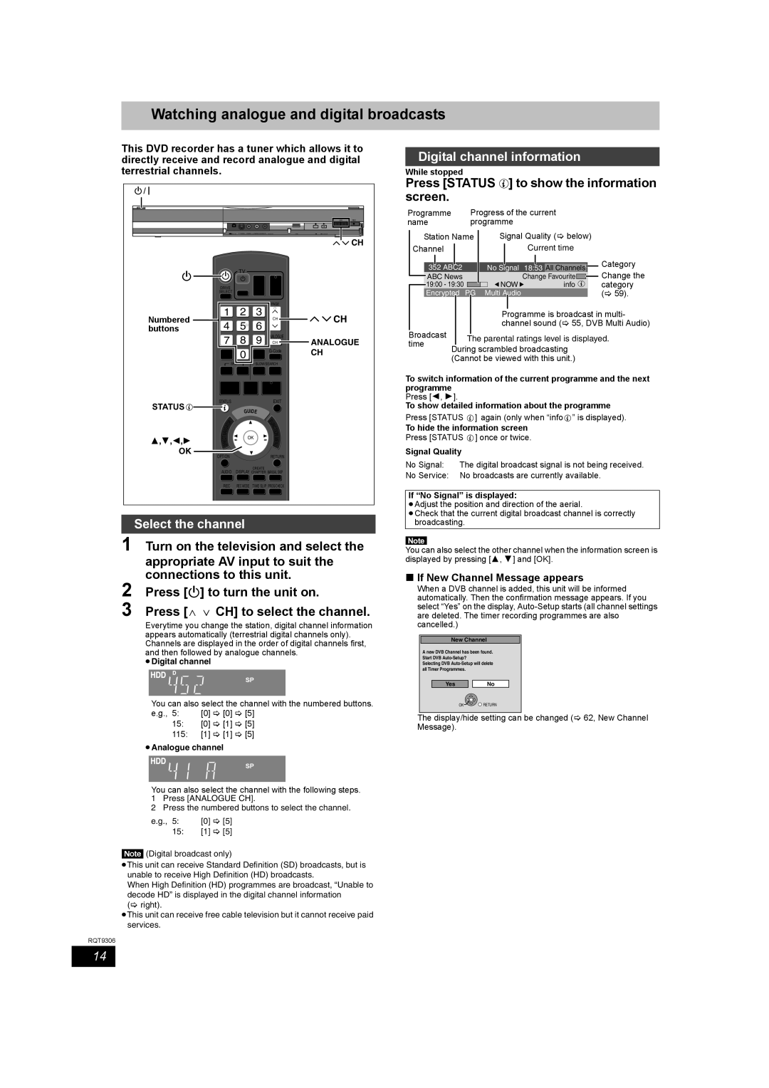 Panasonic DMR-EX79 quick start Watching analogue and digital broadcasts, Select the channel, Digital channel information 