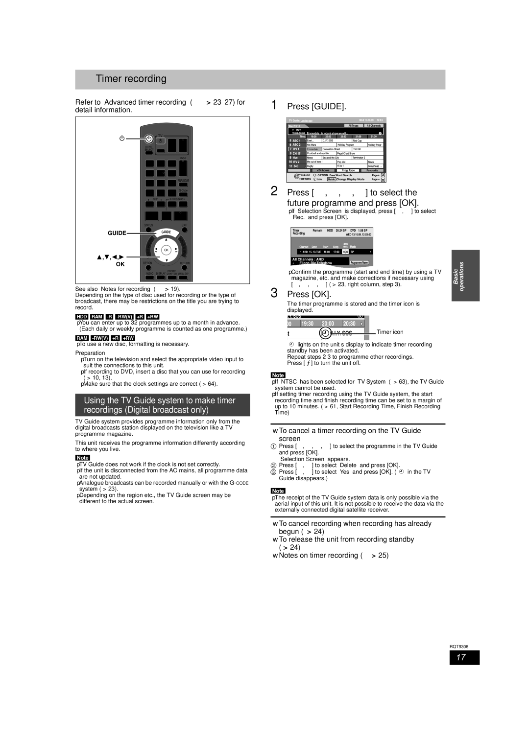 Panasonic DMR-EX79 quick start Timer recording, Press Guide, Press OK, To cancel a timer recording on the TV Guide Screen 