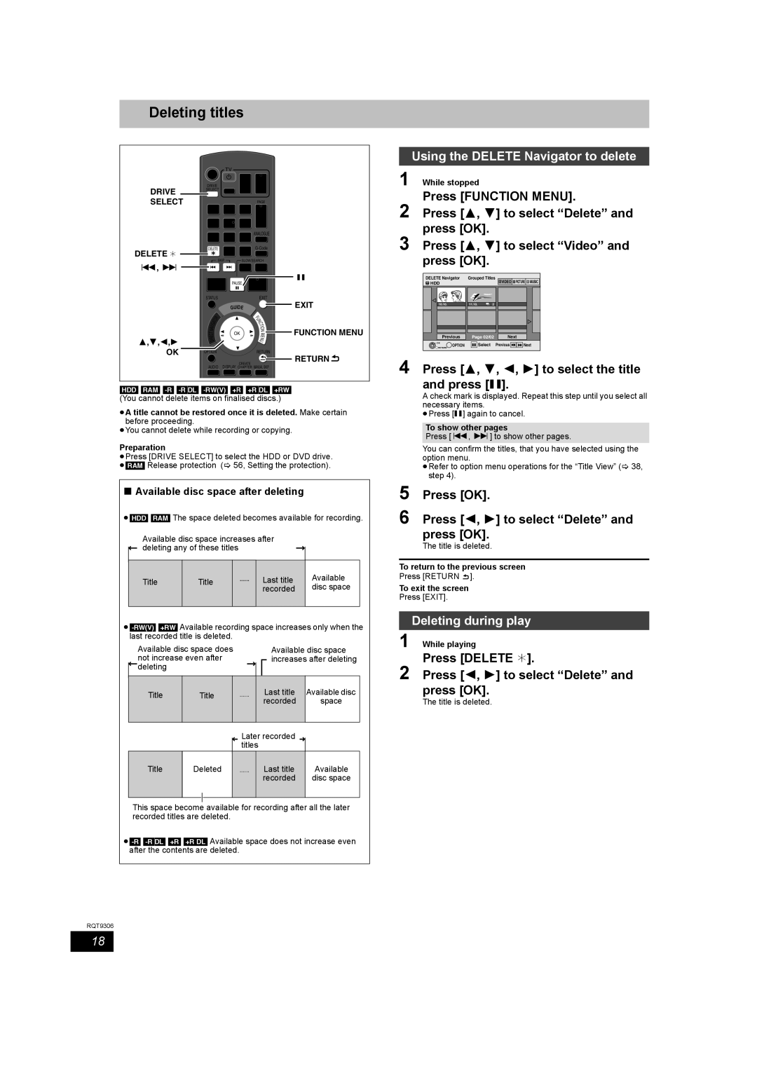 Panasonic DMR-EX79 quick start Deleting titles, Using the Delete Navigator to delete, Deleting during play 