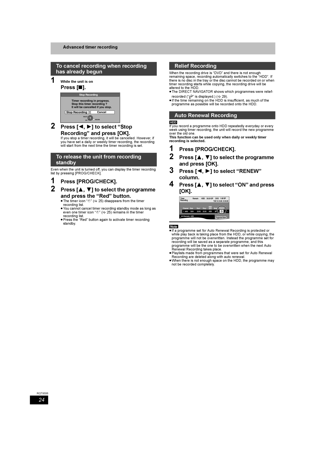 Panasonic DMR-EX79 To cancel recording when recording has already begun, To release the unit from recording standby 